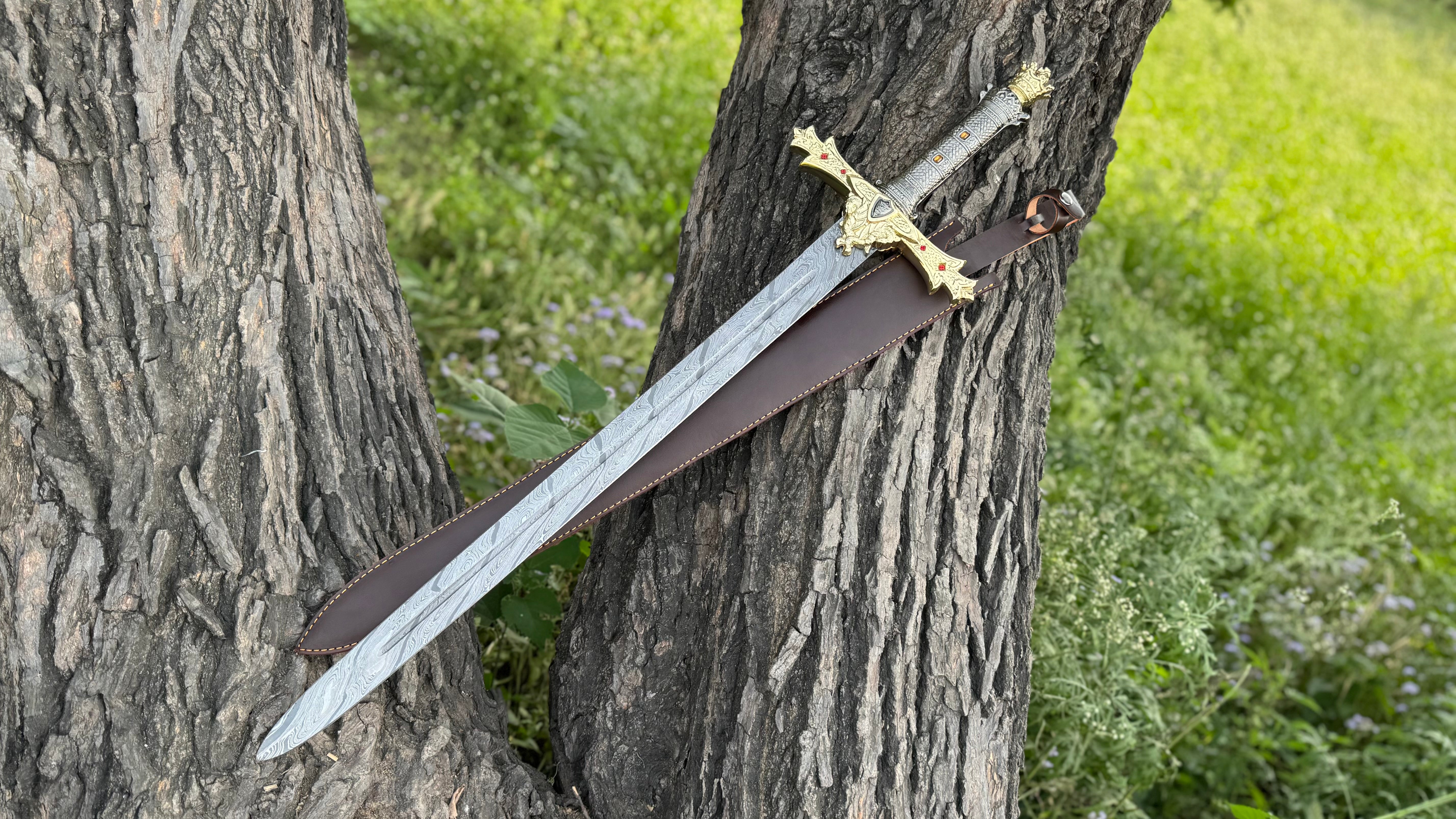 Damascus Steel Royal Serpent Sword Fantasy Sword with Engraved Blade, Medieval Decorative Sword for Display House warming gift
