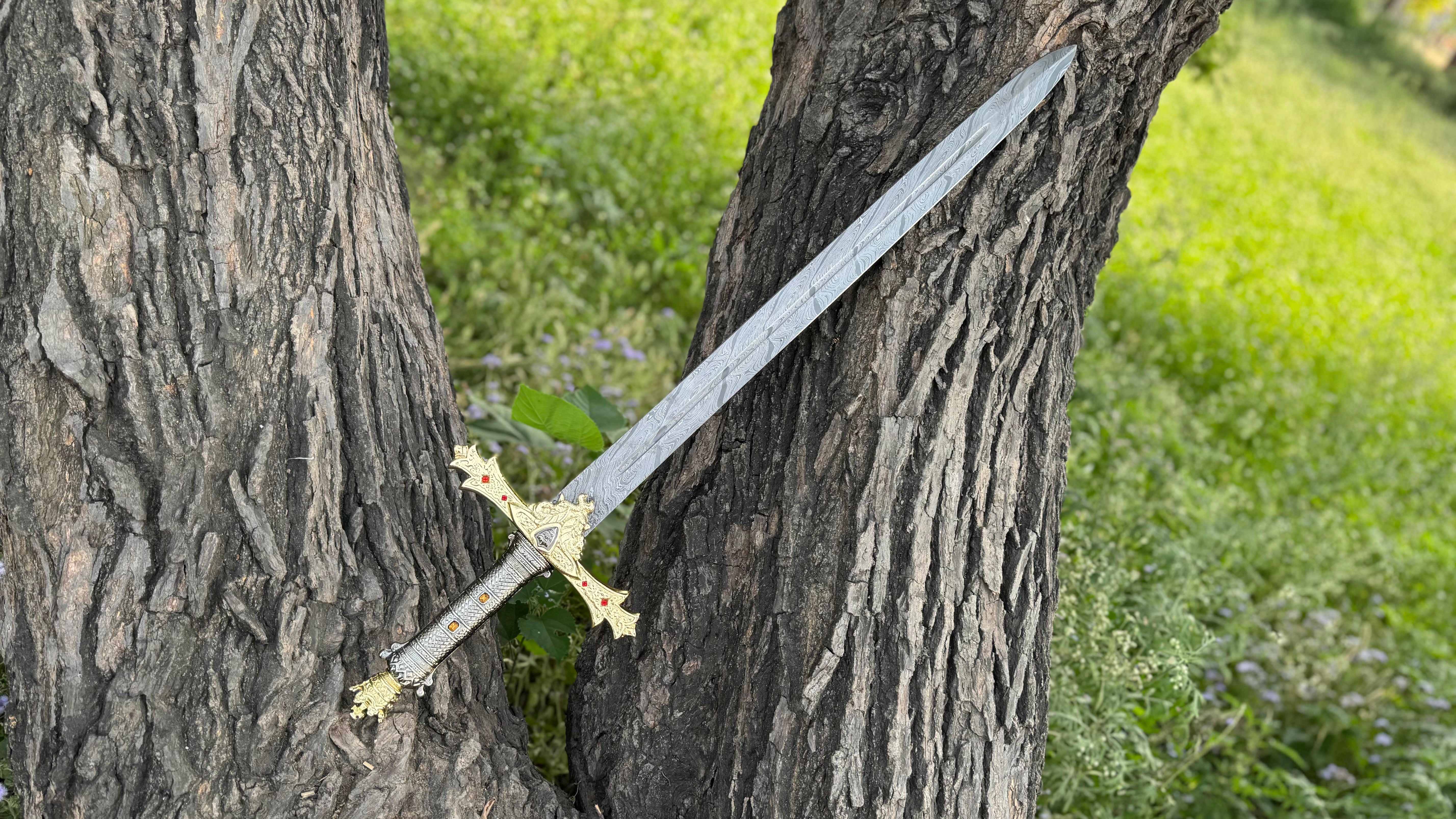 Damascus Steel Royal Serpent Sword Fantasy Sword with Engraved Blade, Medieval Decorative Sword for Display House warming gift