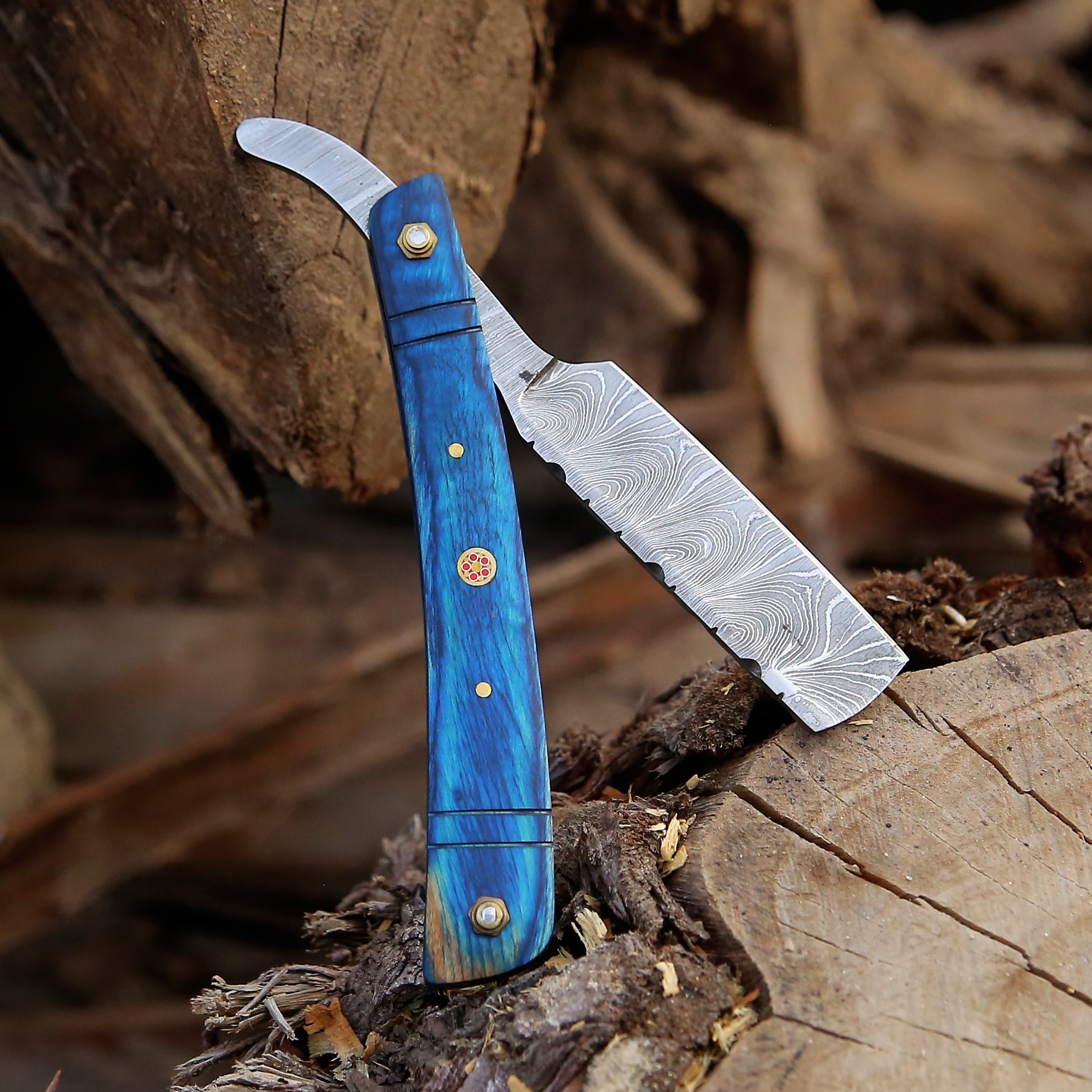 Authentic Damascus Straight Razor - Sharp, Durable, & Elegant with Blue Pakka Wood Handle With Pouch.