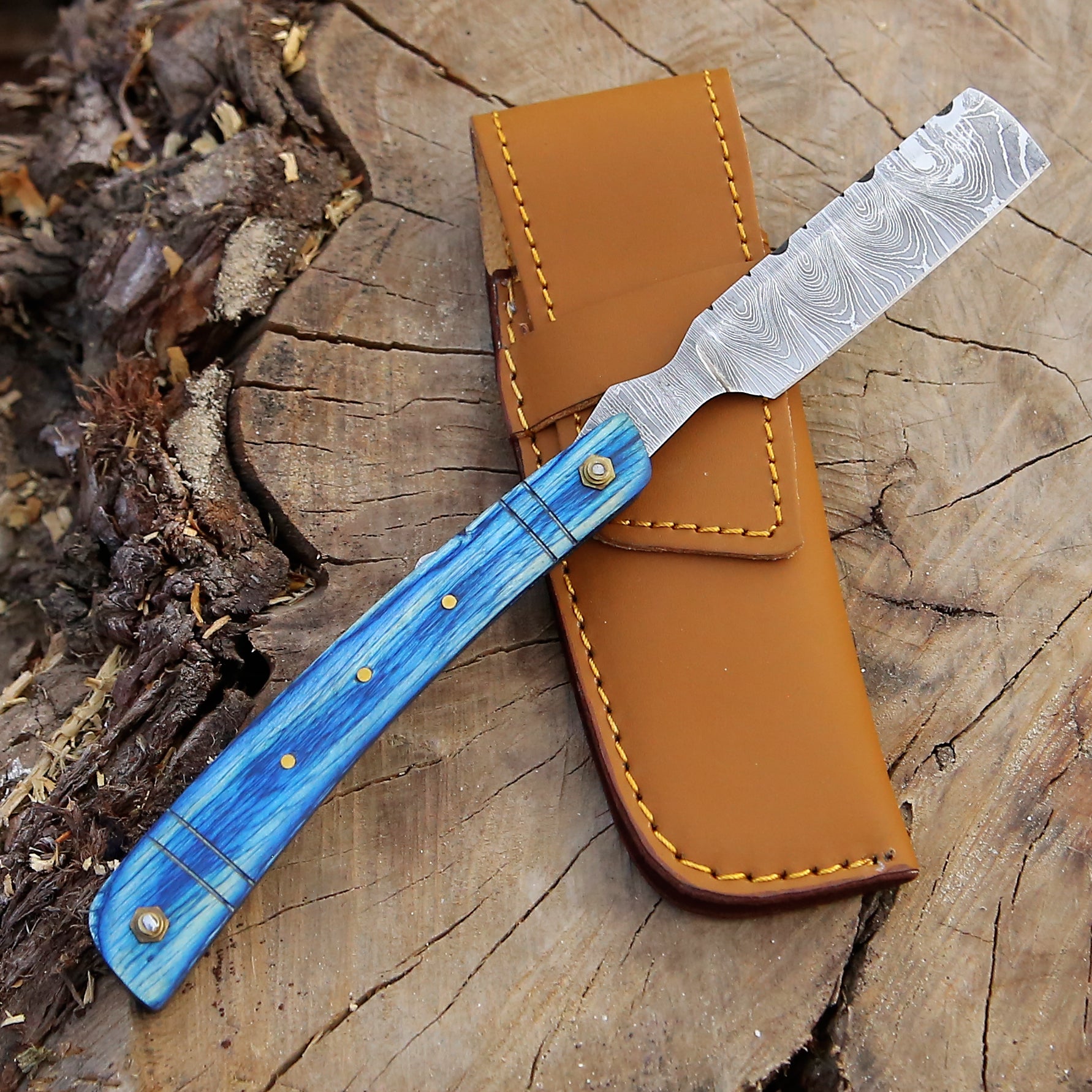 Authentic Damascus Straight Razor - Sharp, Durable, & Elegant with Blue Pakka Wood Handle With Pouch.