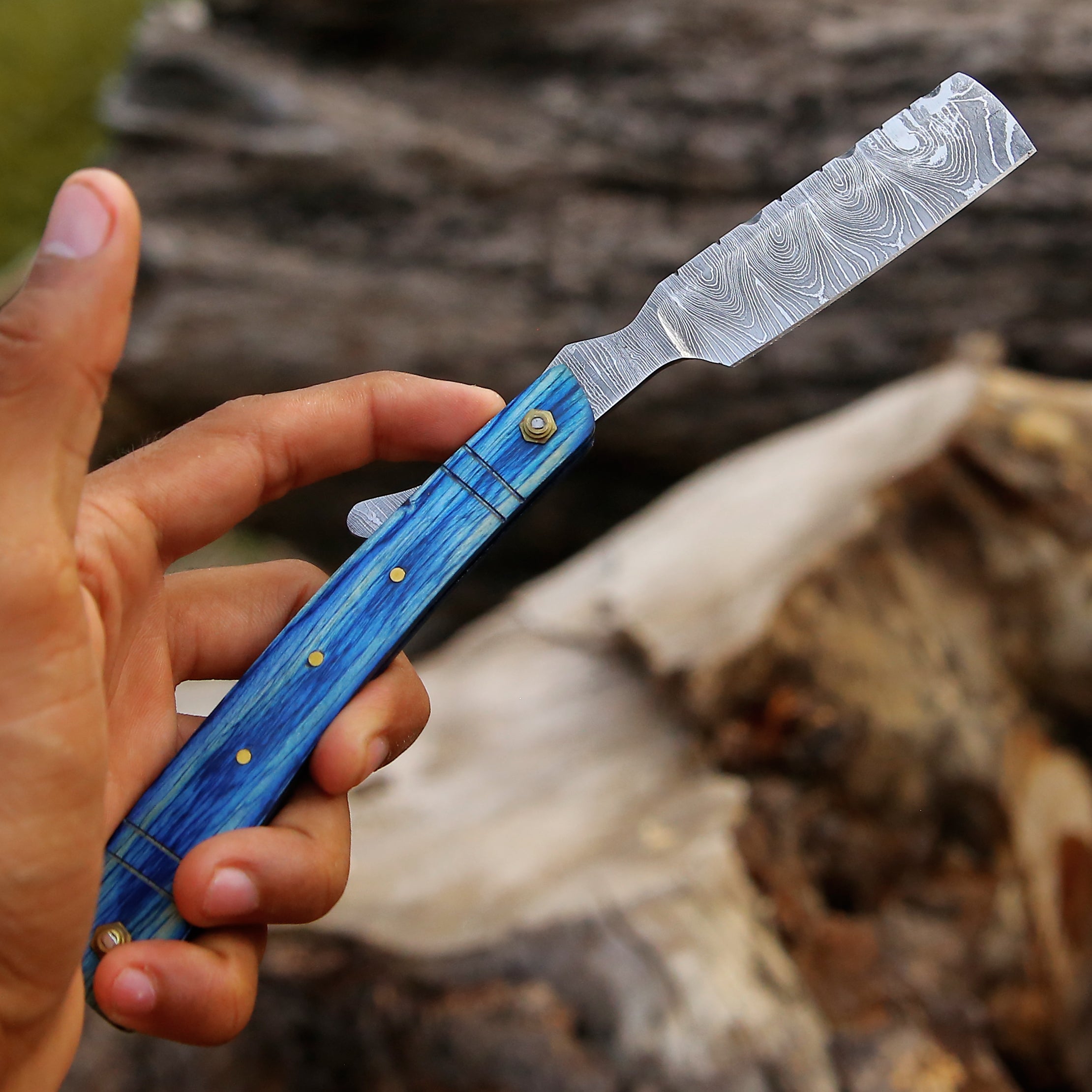 Authentic Damascus Straight Razor - Sharp, Durable, & Elegant with Blue Pakka Wood Handle With Pouch.