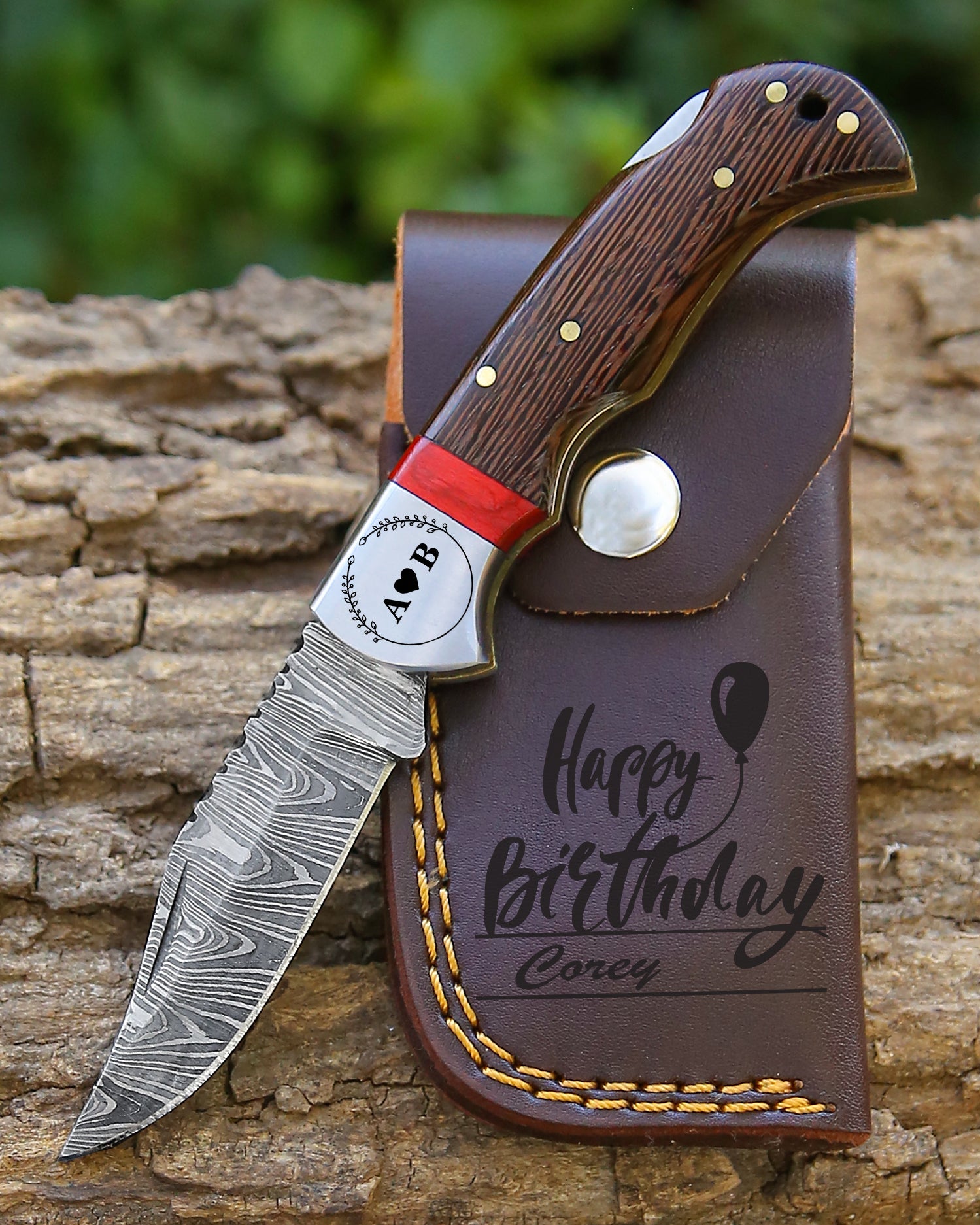 6.8" Handmade Damascus Steel Folding Knife Wangi wood Handle Back Lock Pocket Knife With Leather Pouch Personalized Gift for Men.