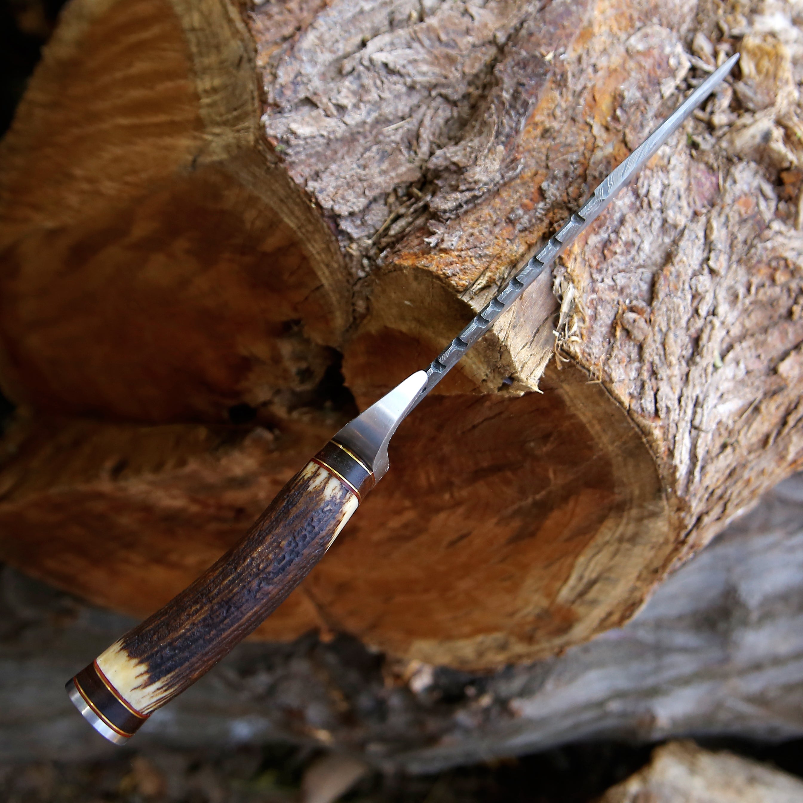 Stag Horn Handle Big Bowie Damascus Steel Hunting camping Knife with Leather Pouch