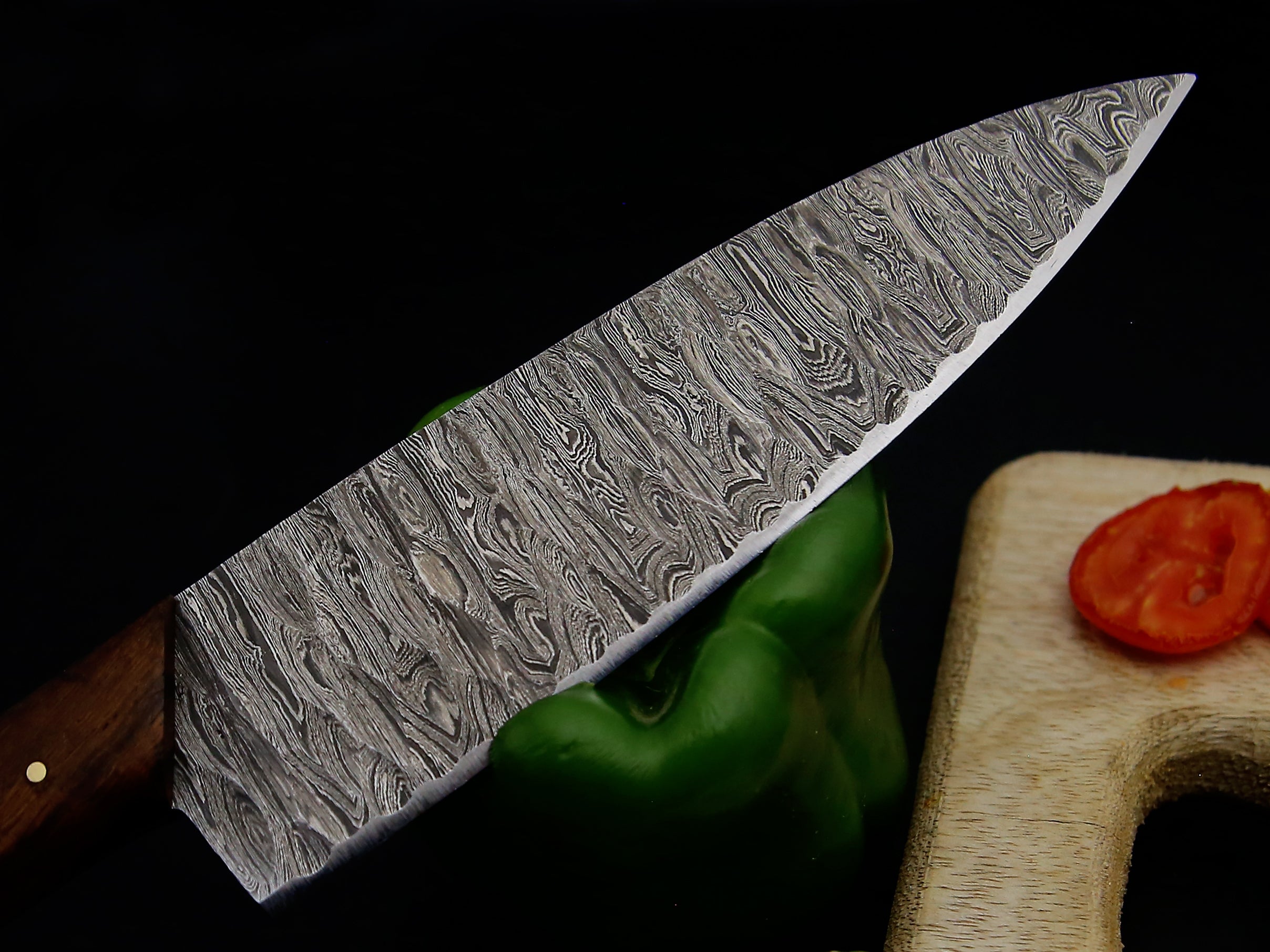 Full Tang Rosewood Handle Damascus Steel Chef Kitchen Knife Set Of 5 PCS with Leather Kit file work on the blade sharp cutting edge .