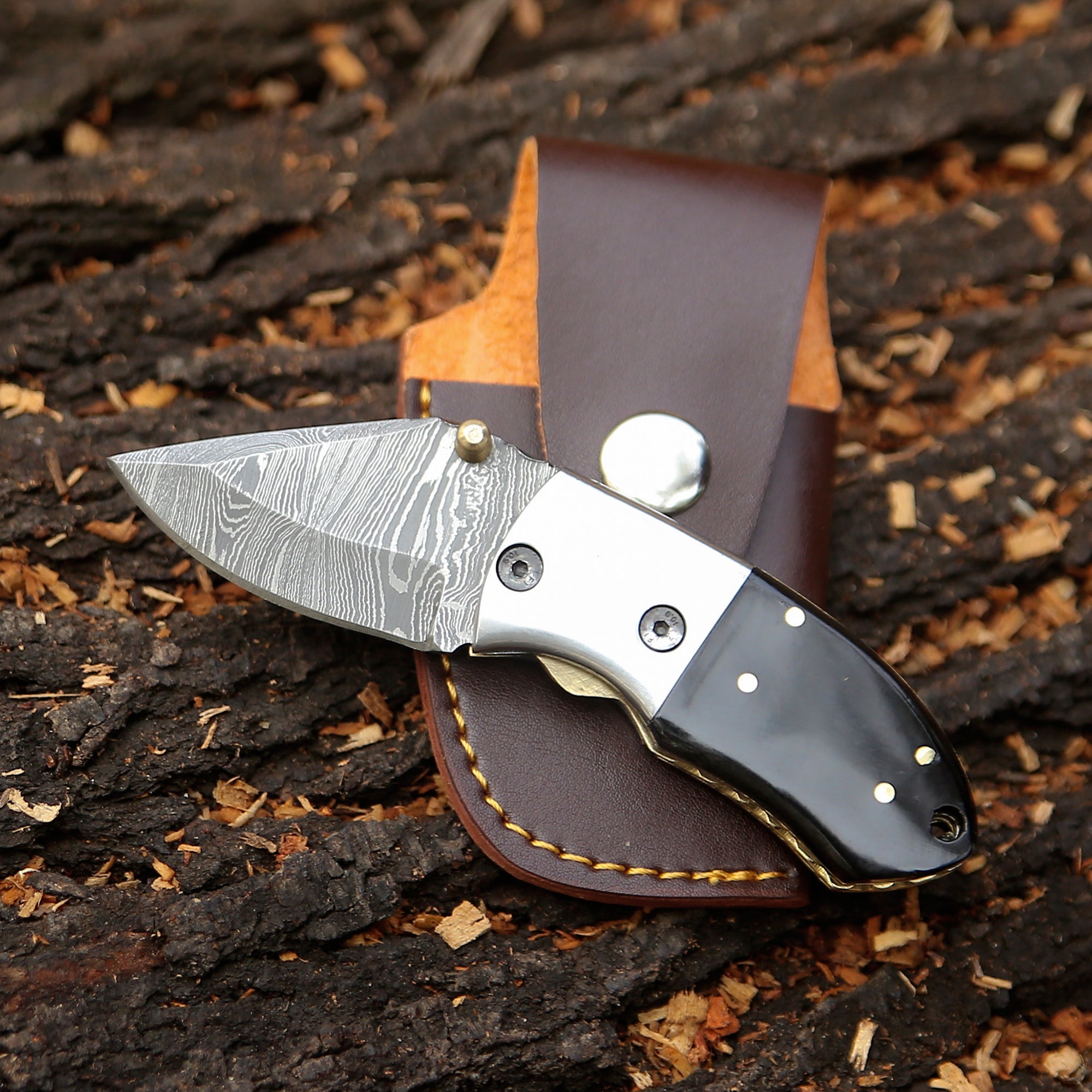 Handmade Damascus Steel Mini Pocket Knife, Black Horn Handle, Small Folding Knife, Groomsman Gift Anniversary gift