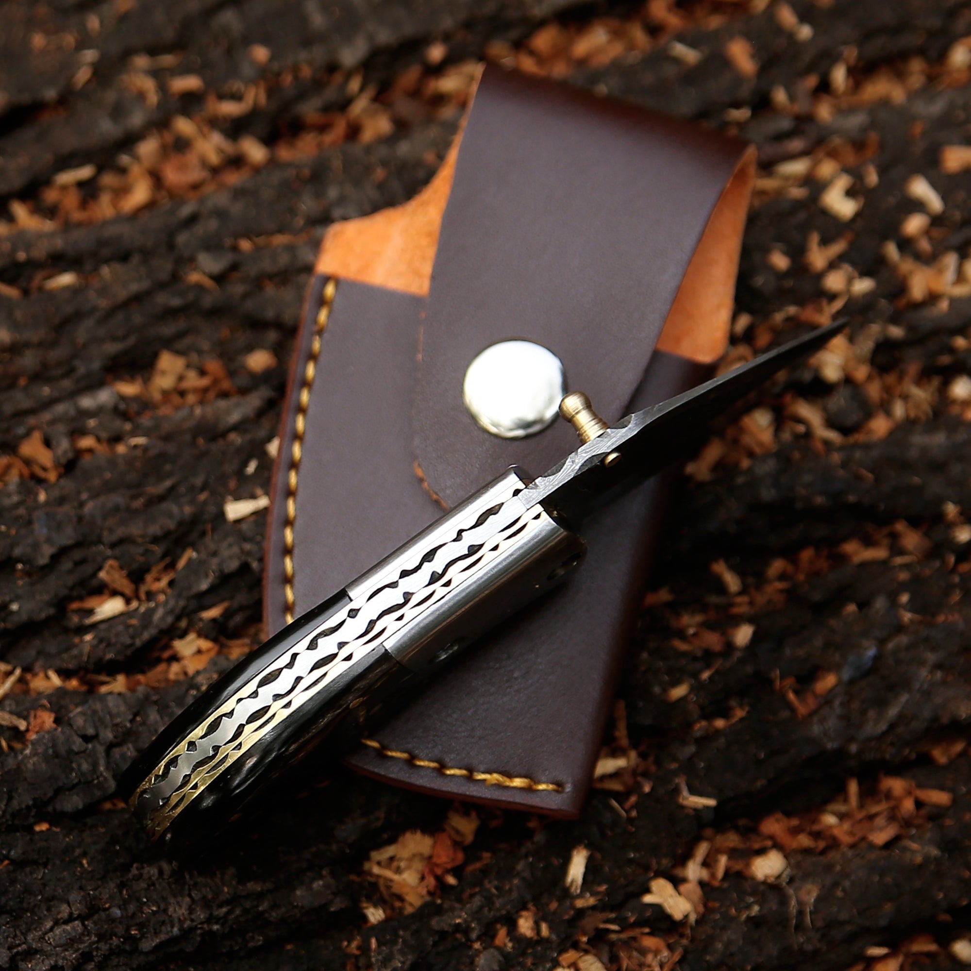 Handmade Damascus Steel Mini Pocket Knife, Black Horn Handle, Small Folding Knife, Groomsman Gift Anniversary gift
