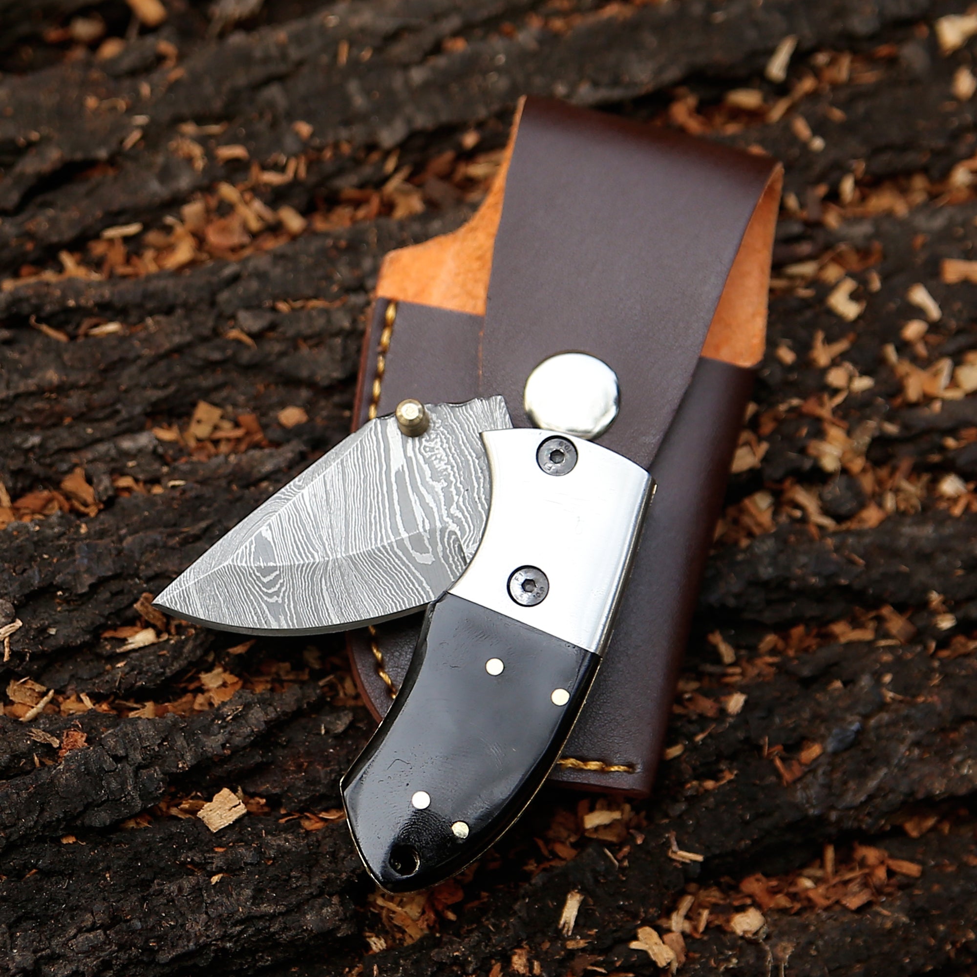Handmade Damascus Steel Mini Pocket Knife, Black Horn Handle, Small Folding Knife, Groomsman Gift Anniversary gift
