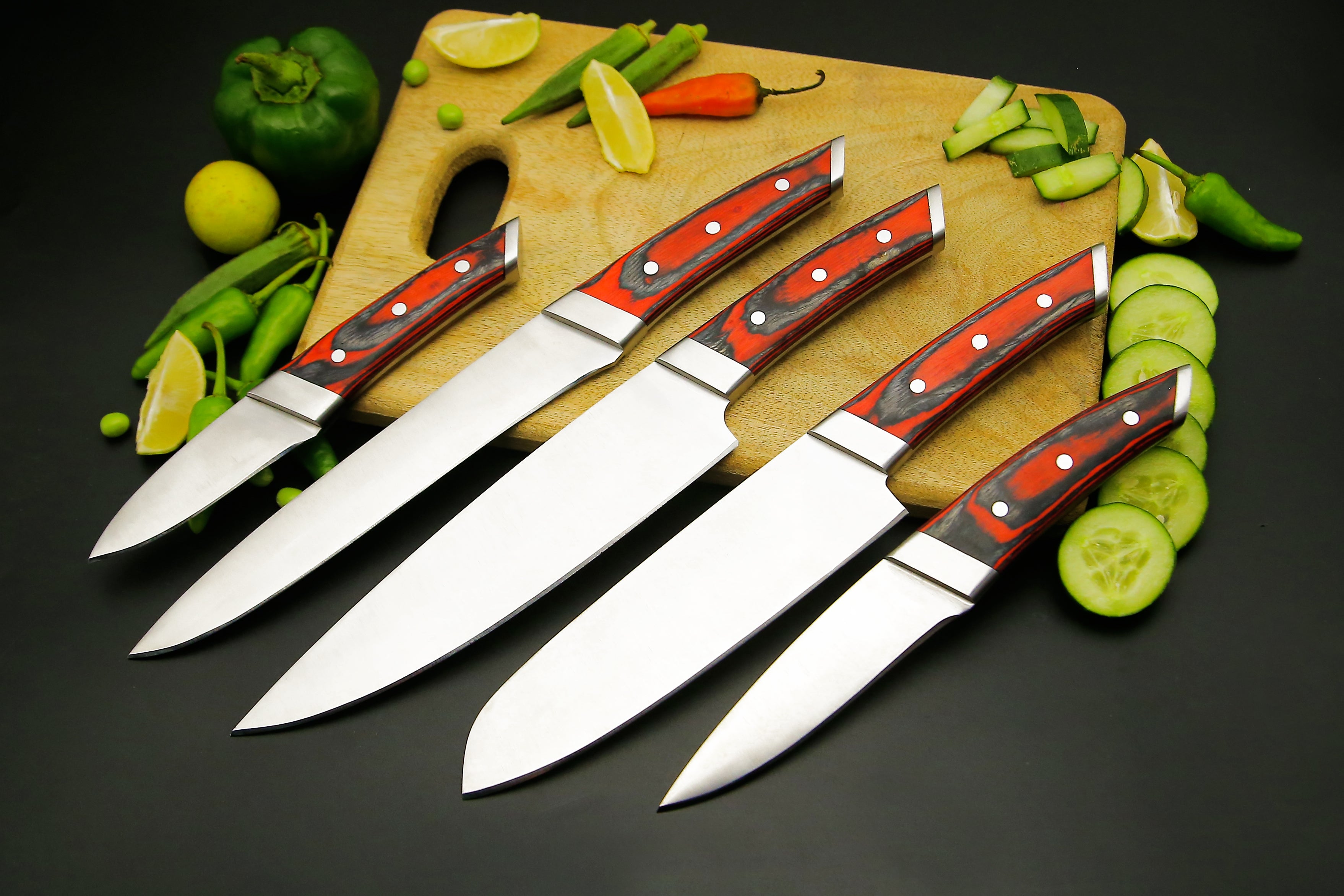 Personalized Handmade Damascus Steel Chef knife set of 5 PCS with Beautiful Resin Handle Kitchen Knife with Leather Kit.