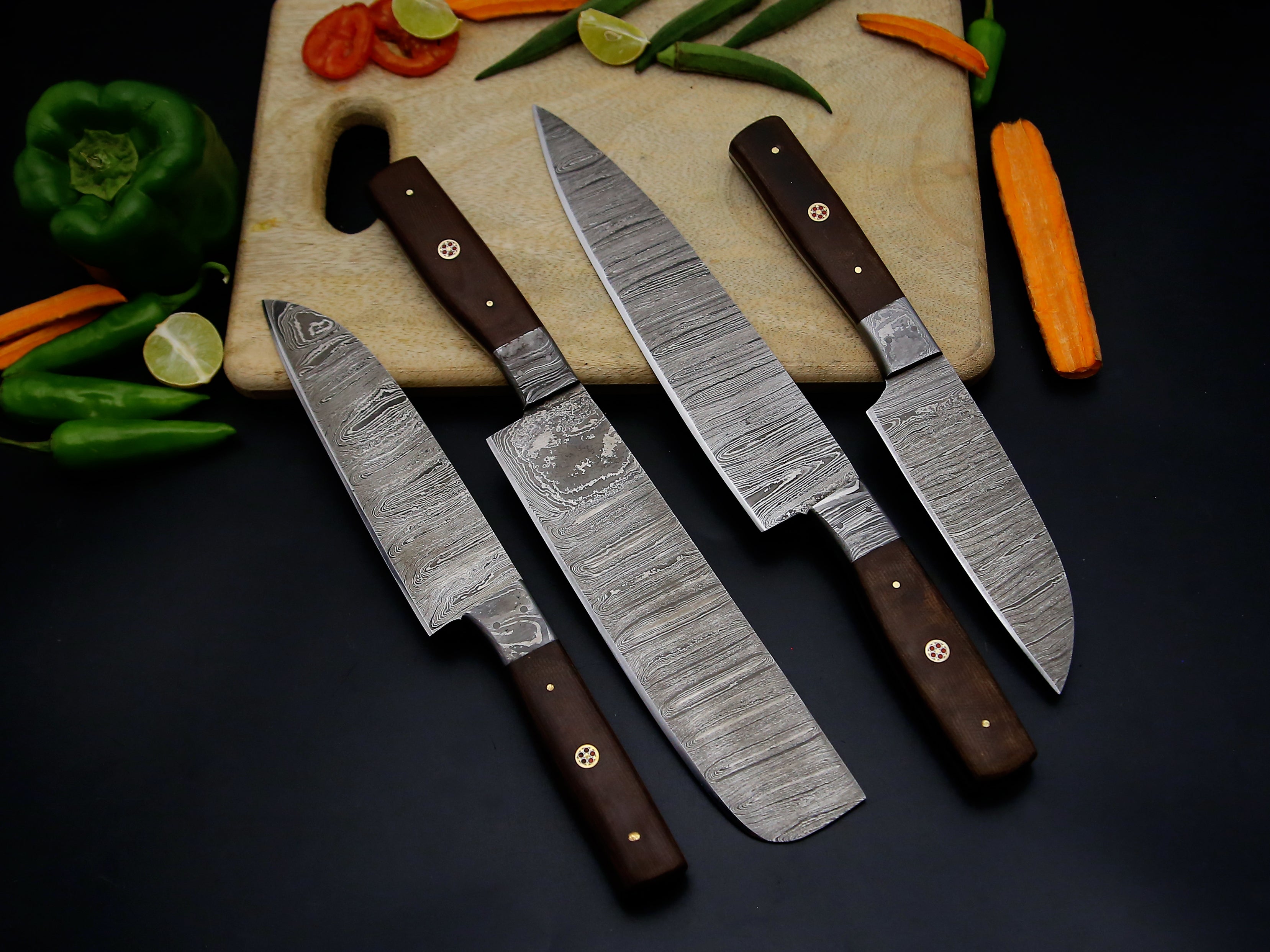 Best Hot selling chef Knife set of 4 PCS Brown Micarta sheet mosaic Pin Handle Damascus steel Kitchen Knife set Sharp cutting edge come with Leather Roll kit.