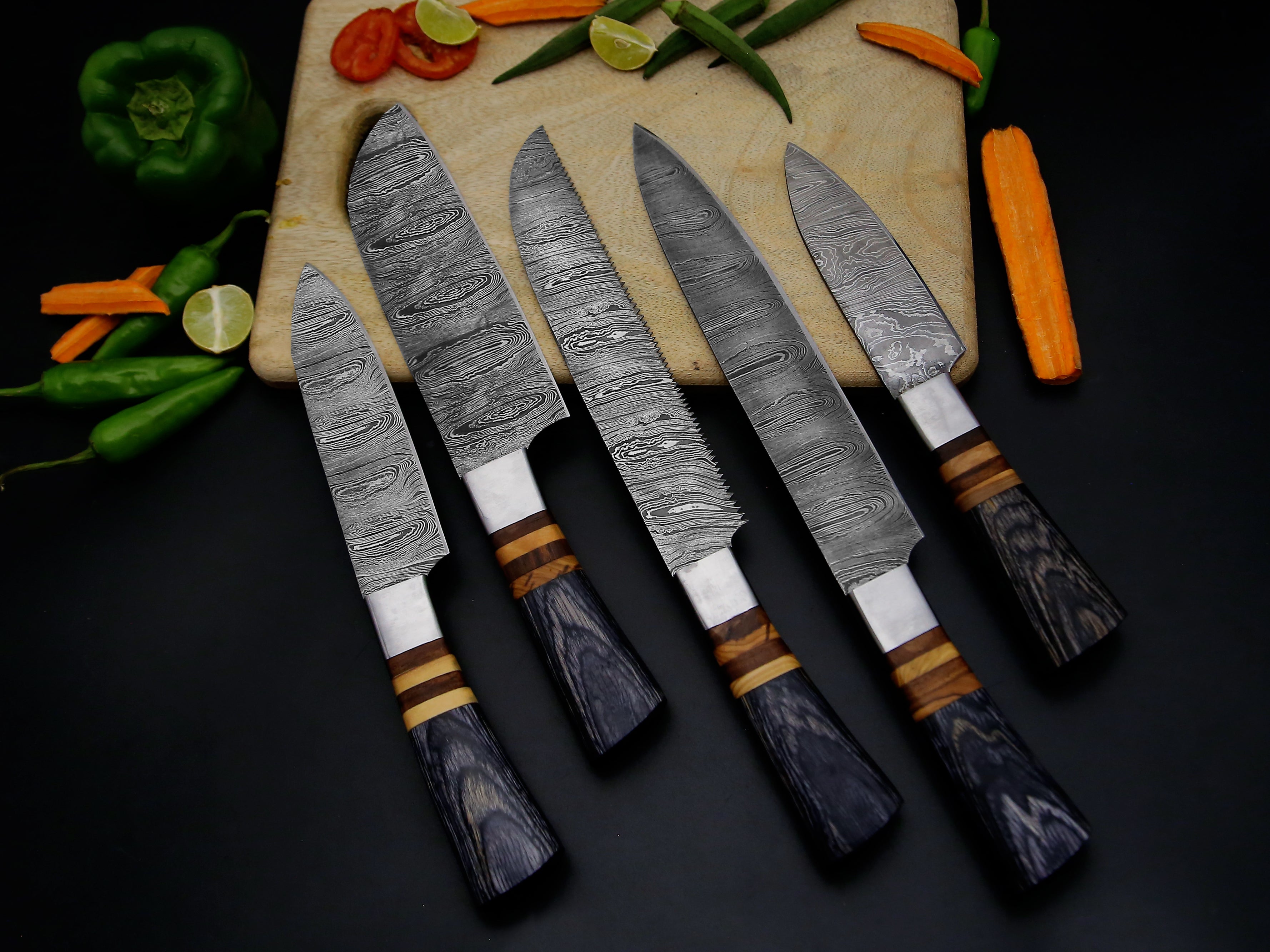 5 PCS Damascus Kitchen Chef knife set Grey Dollar Sheet With Spacers & Leather Roll Kit