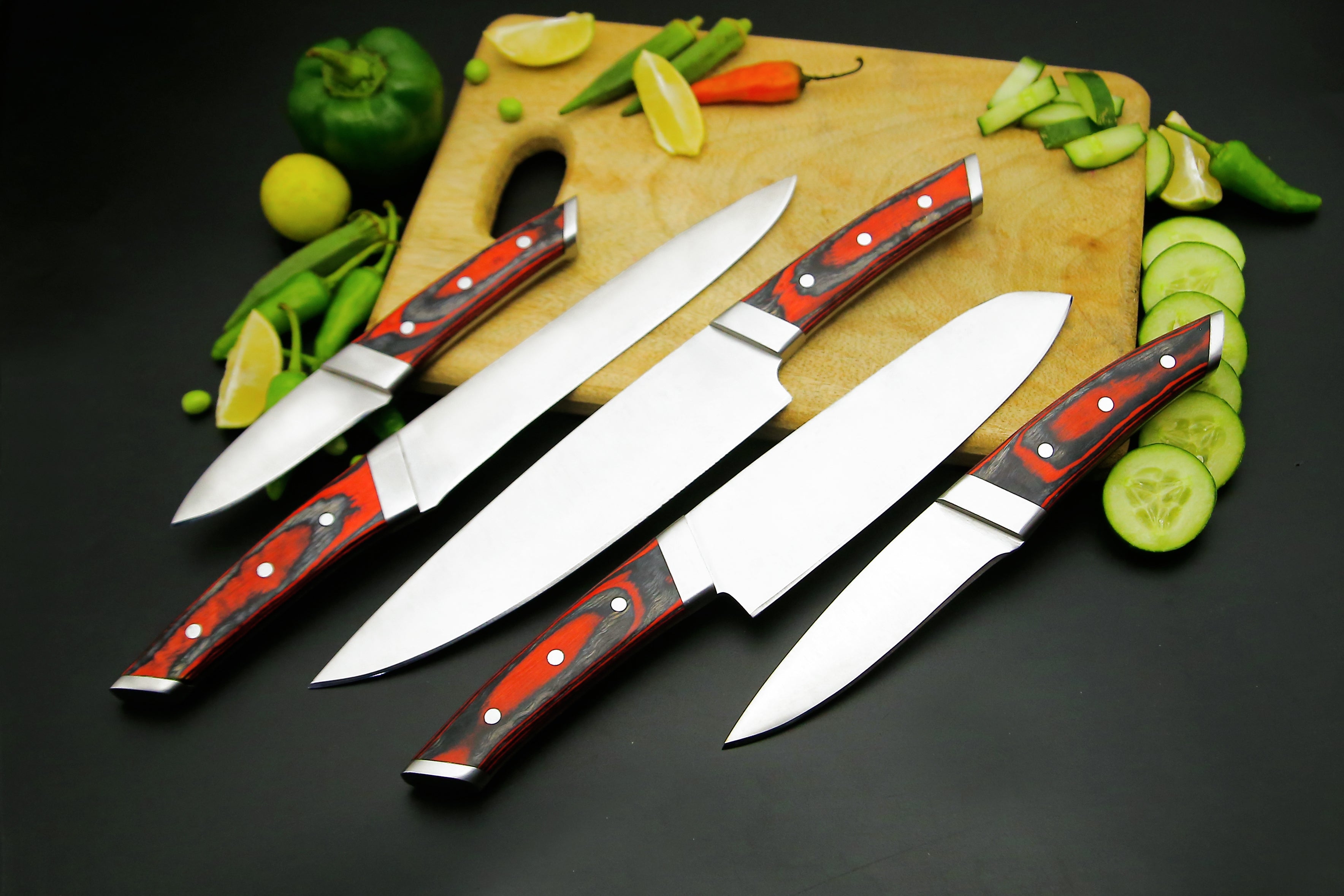 Personalized Handmade Damascus Steel Chef knife set of 5 PCS with Beautiful Resin Handle Kitchen Knife with Leather Kit.
