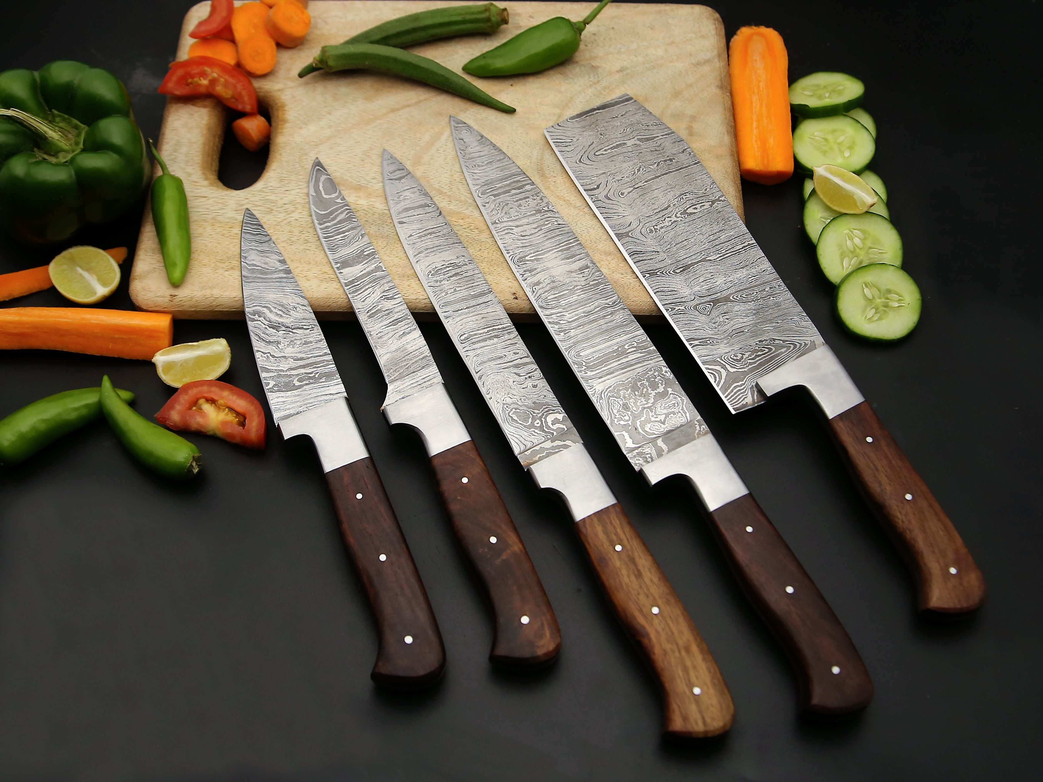 Chef Knife Set of 5 PCS with Rosewood Handle Stainless steel Bolster Damascus Kitchen Knife Razor sharp cutting Edge come with Leather Roll kit.