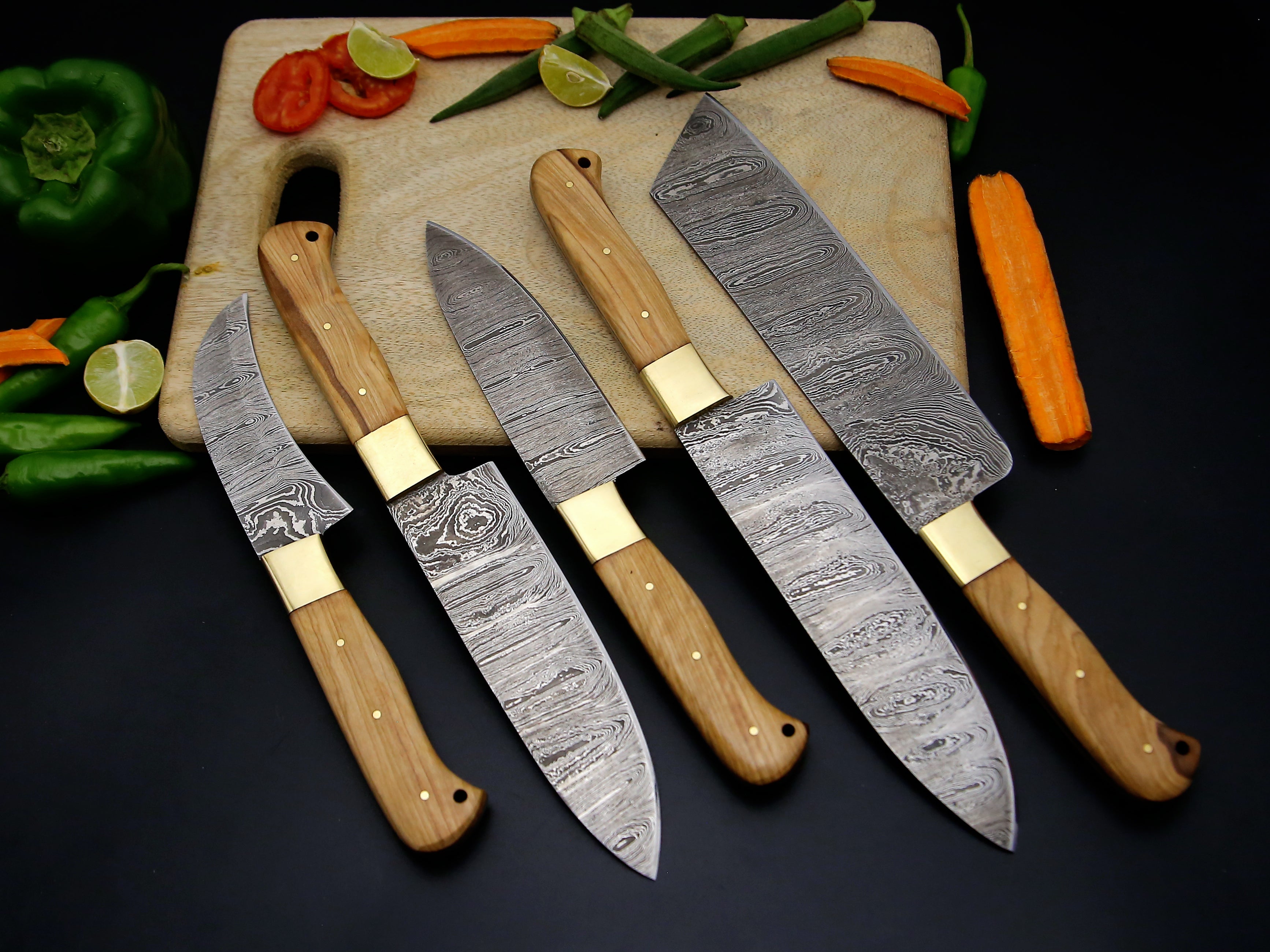 Customized Beautiful Olive wood Handle 5 PCS Damascus Steel Kitchen Chef Knife Sharp cutting edge comes with Leather Roll kit. with Brass Bolster
