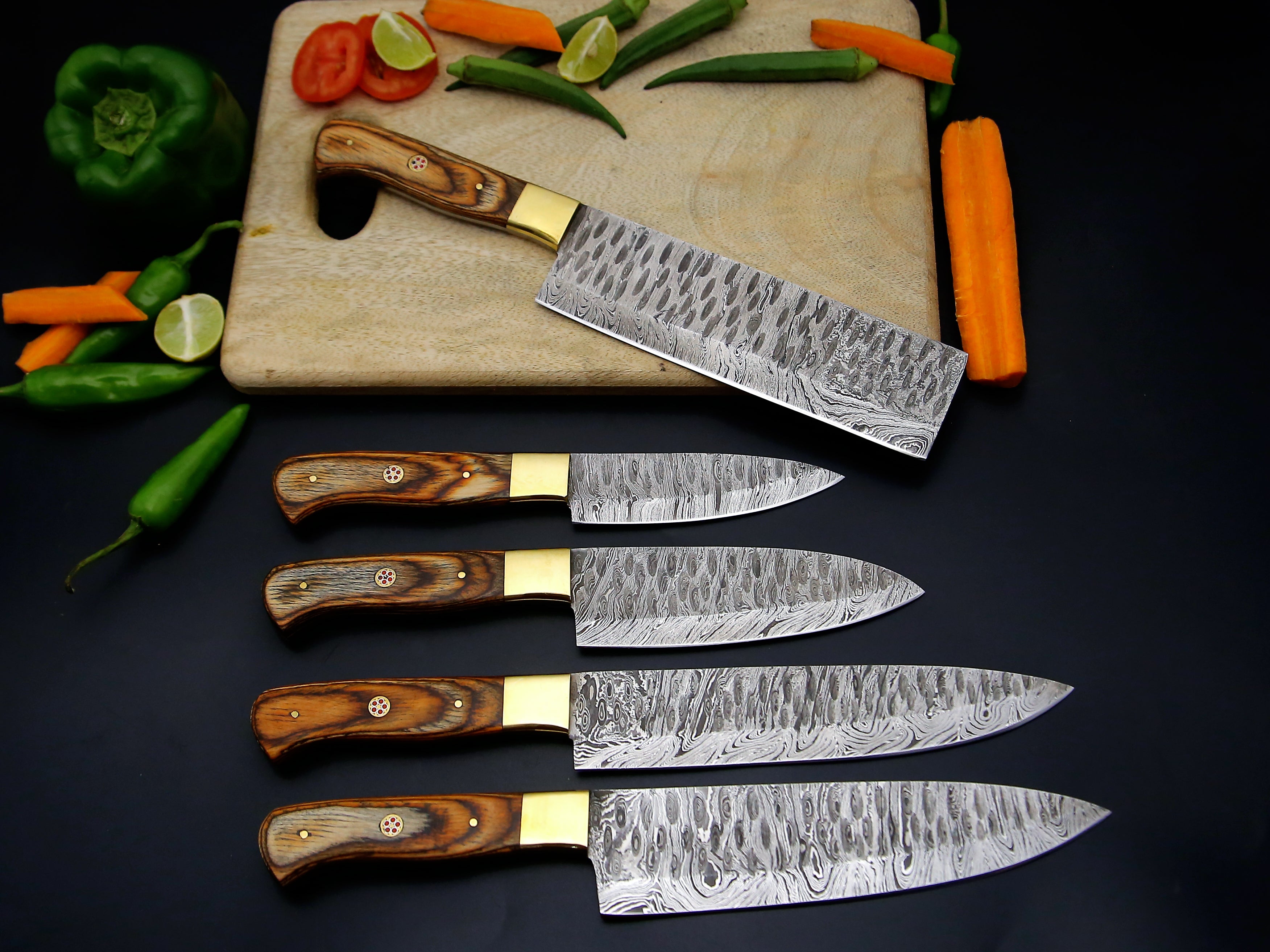 Damascus steel Chef knife set of 5 PCS Brown Dollar sheet Handle Kitchen Knife with Leather Roll kit.