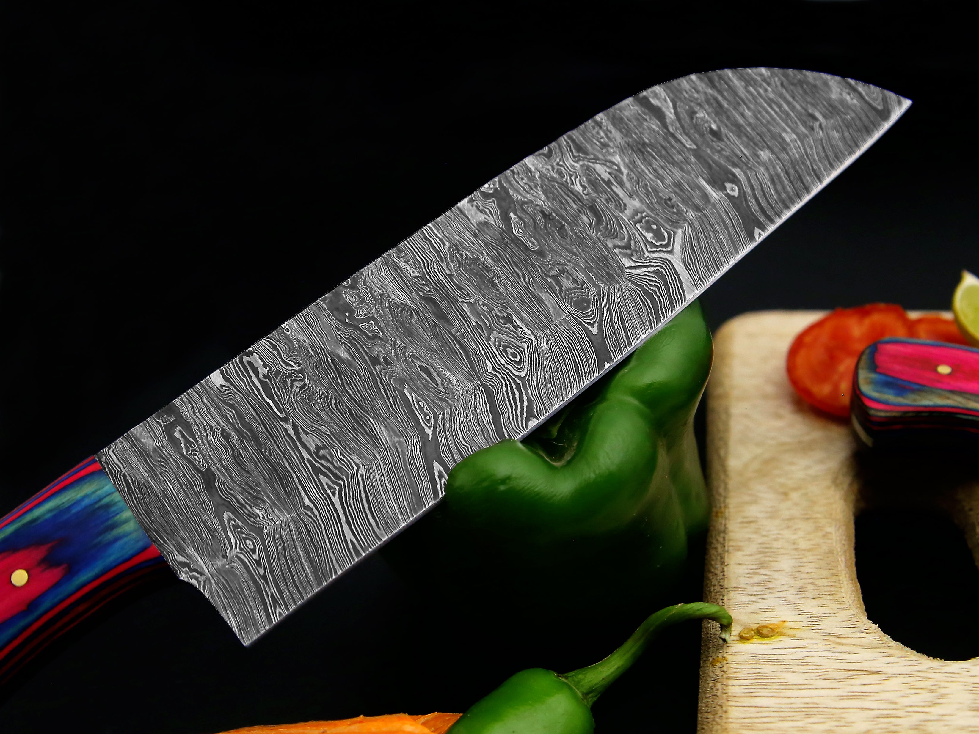 Personalized Handmade Damascus Steel Kitchen Knife Set Of 5 PCS Multi Color Dollar Handle Chef Knife With Leather Roll Kit.