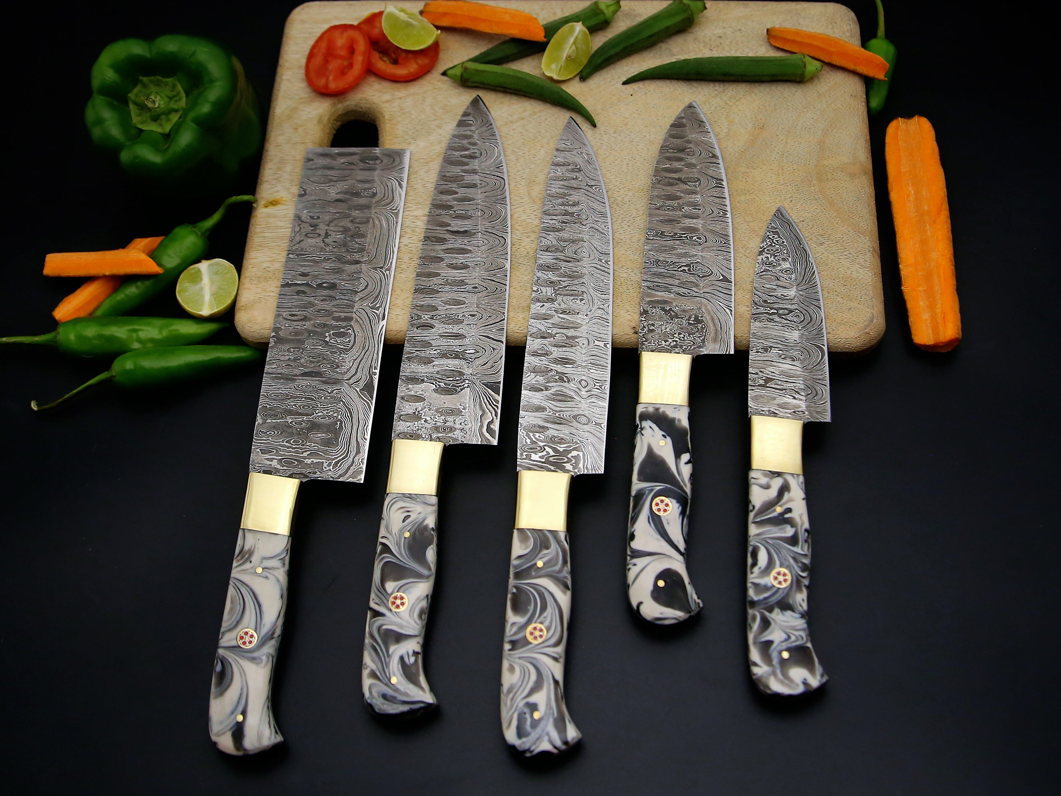 Personalized Handmade Damascus Steel Chef knife set of 5 PCS with Beautiful Resin Handle Kitchen Knife with Leather Kit