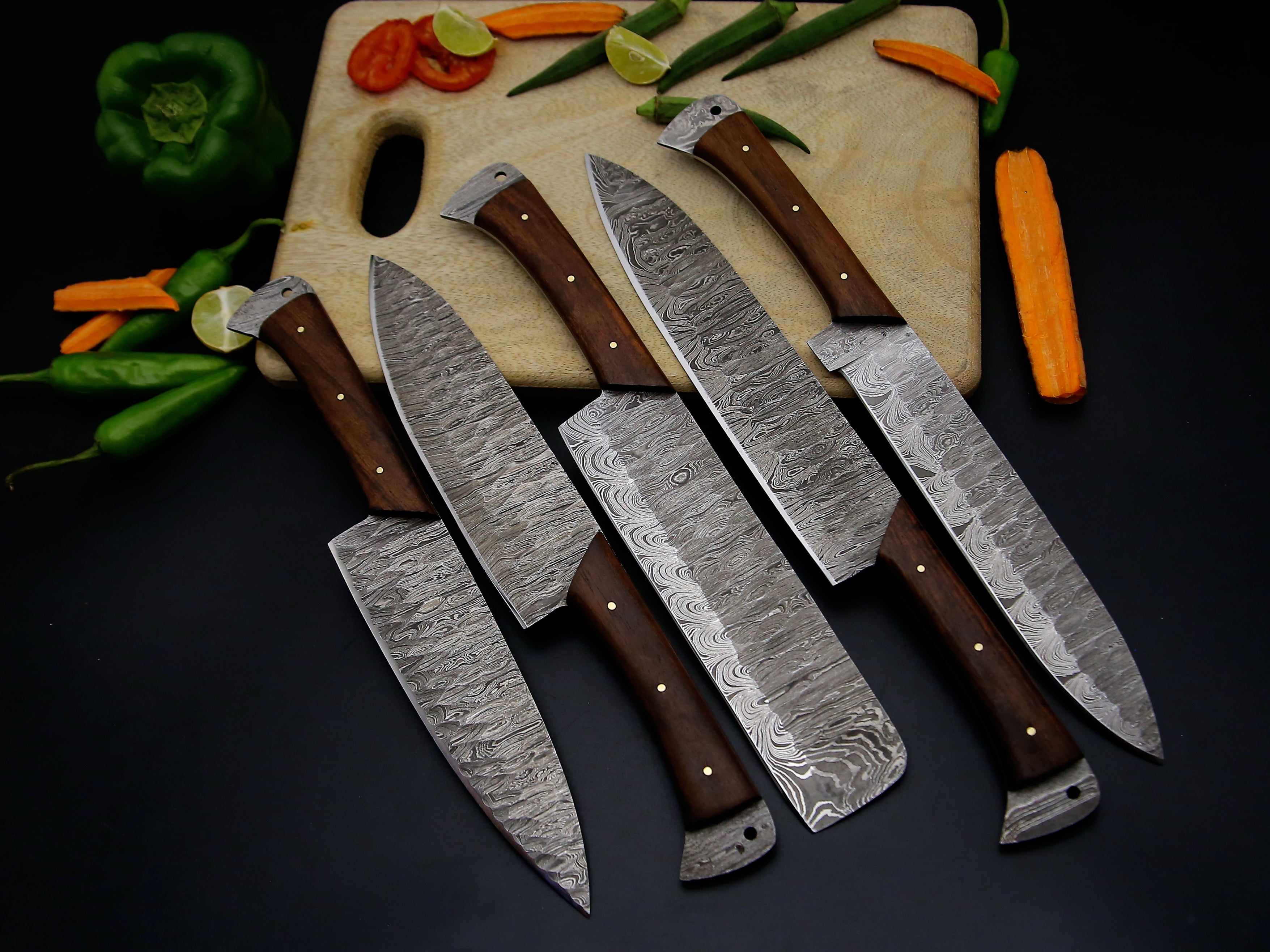 Full Tang Rosewood Handle Damascus Steel Chef Kitchen Knife Set Of 5 PCS with Leather Kit file work on the blade sharp cutting edge .