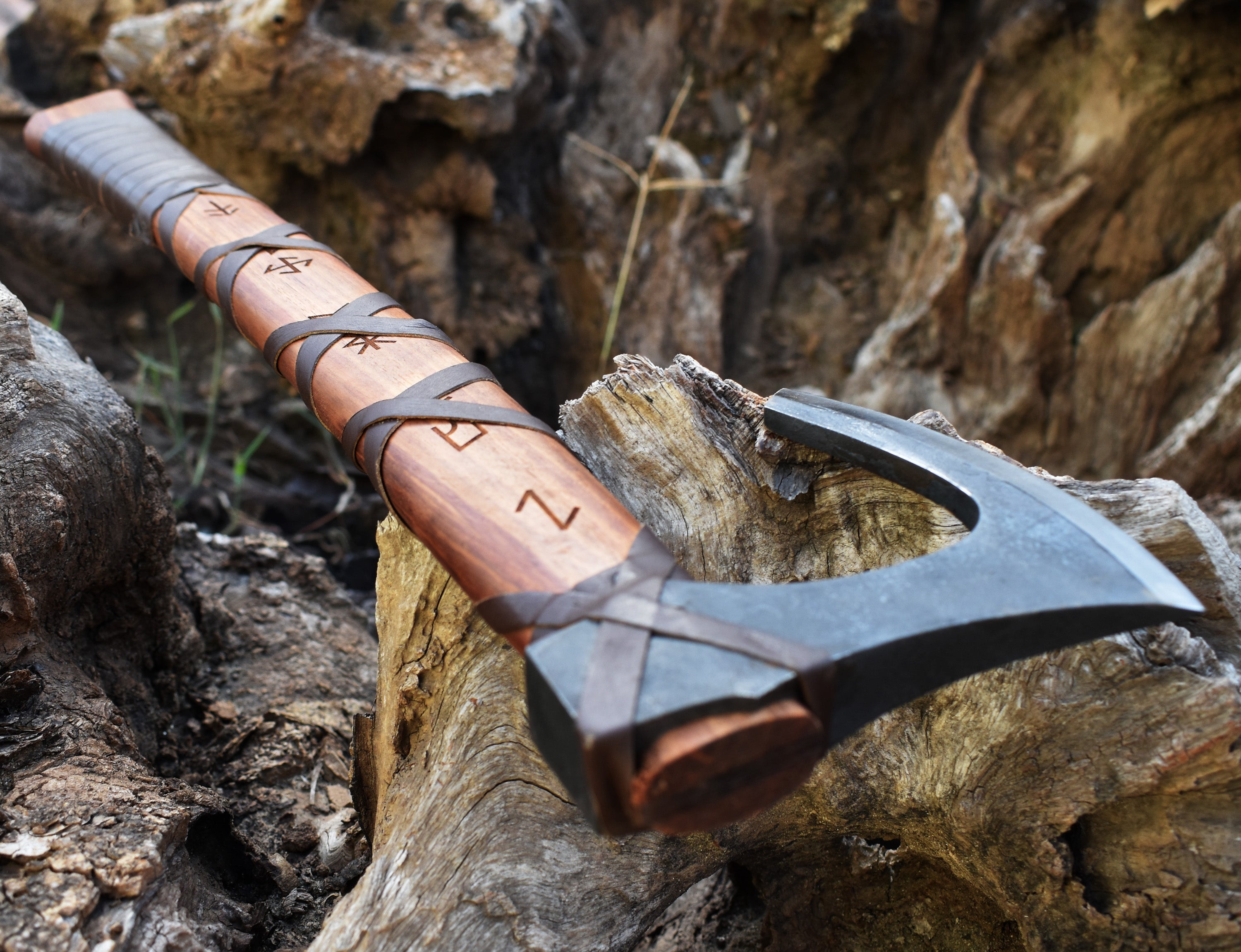 Battle-Ready Viking Axe | Hand-Forged Norse Hatchet with Leather Grip & Rune Carvings.