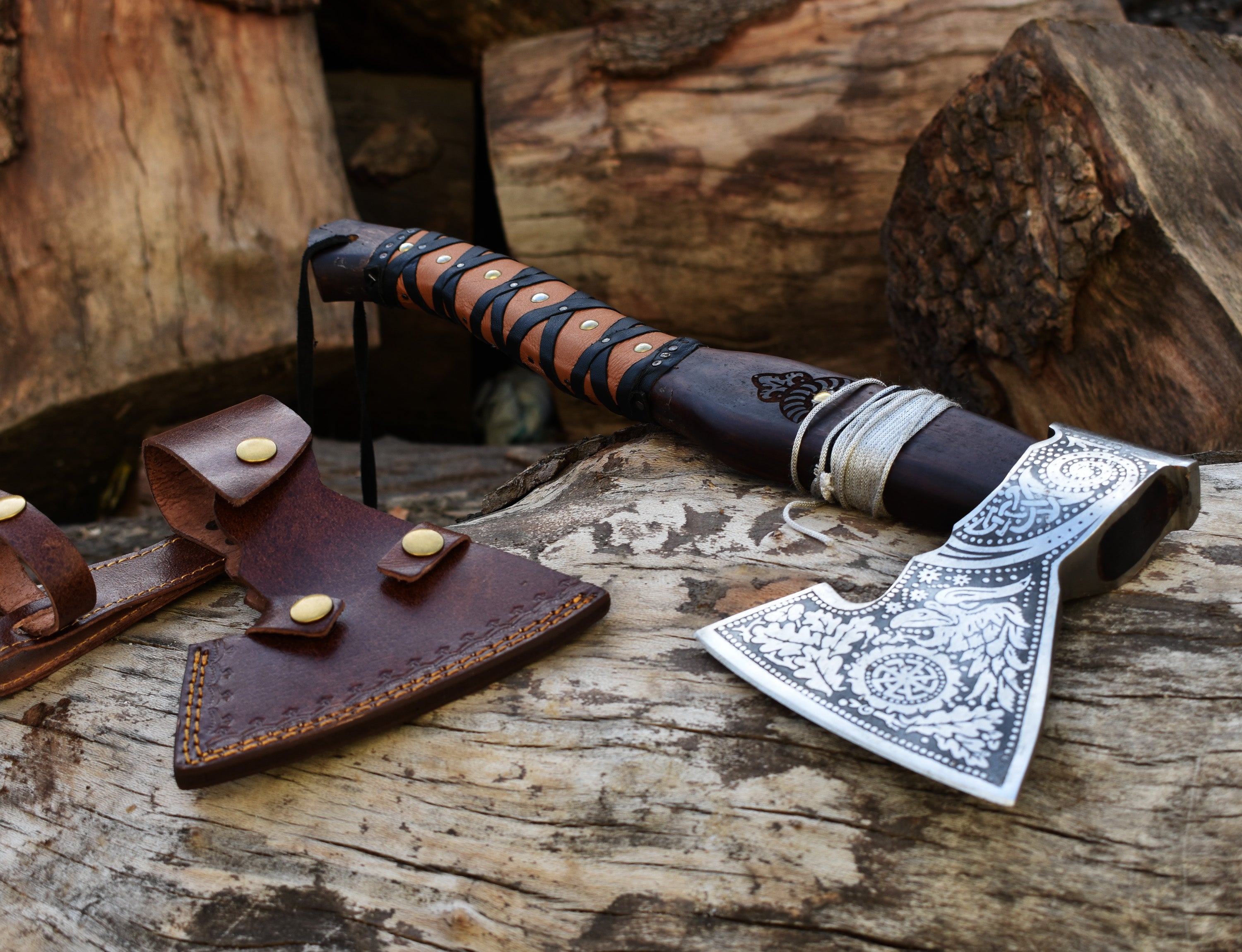 Engraved Viking Axe | Hand-Forged Damascus Hatchet with Leather Sheath | Norse Gift for Him.