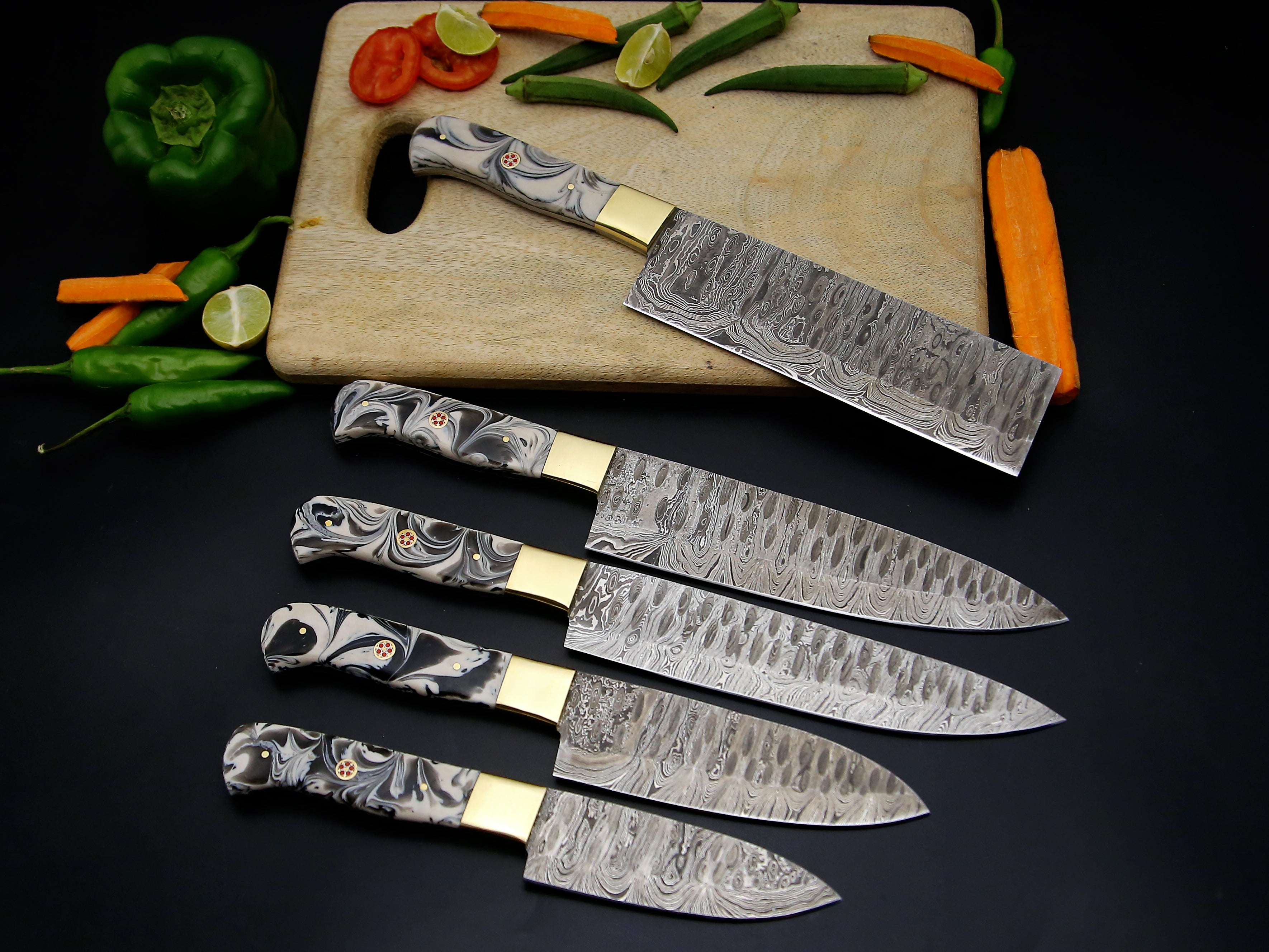 Personalized Handmade Damascus Steel Chef knife set of 5 PCS with Beautiful Resin Handle Kitchen Knife with Leather Kit