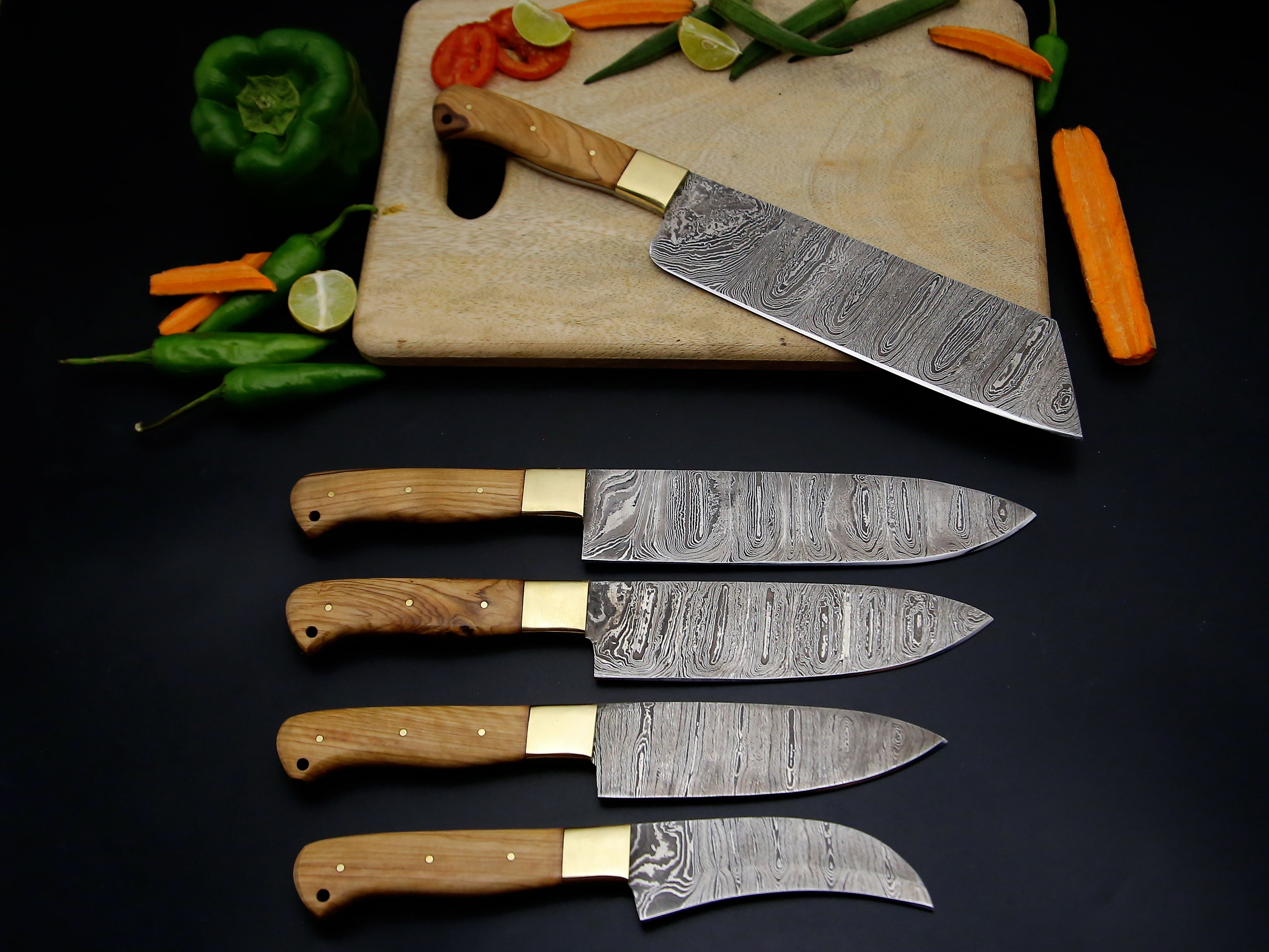 Customized Beautiful Olive wood Handle 5 PCS Damascus Steel Kitchen Chef Knife Sharp cutting edge comes with Leather Roll kit. with Brass Bolster