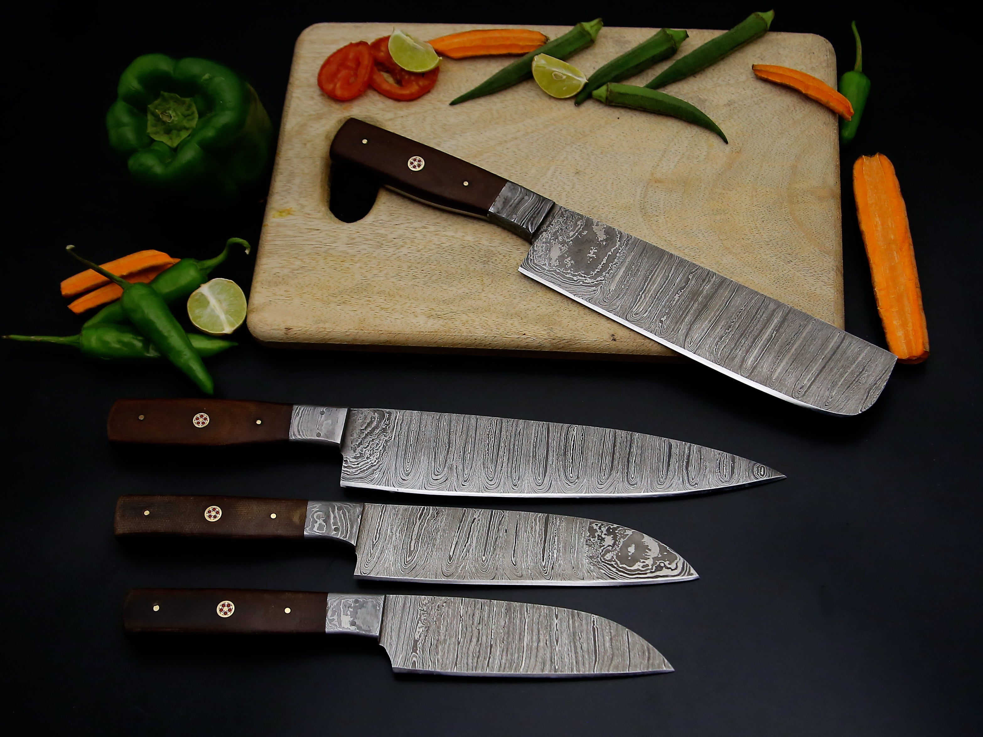 Best Hot selling chef Knife set of 4 PCS Brown Micarta sheet mosaic Pin Handle Damascus steel Kitchen Knife set Sharp cutting edge come with Leather Roll kit.