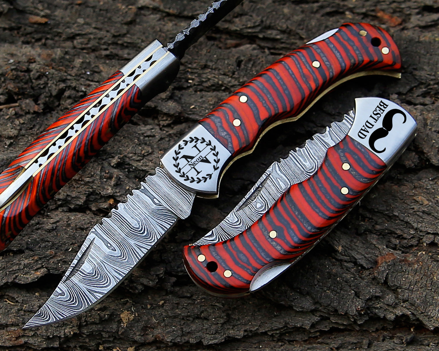 Handcrafted Damascus Pocket Knife – EDC Folding Blade for Outdoor Use Multicolor Handle with Pouch.