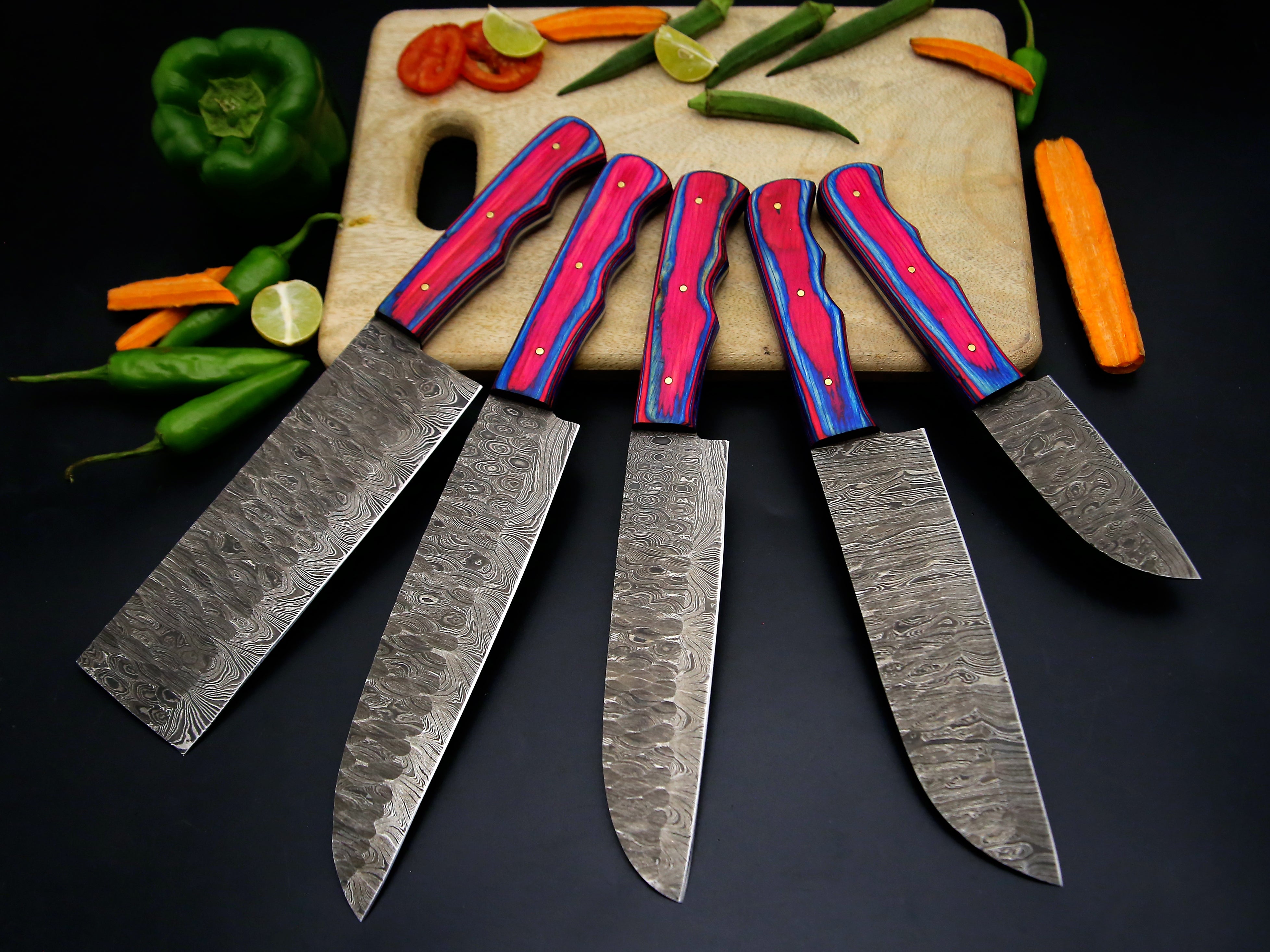Personalized Handmade Damascus Steel Kitchen Knife Set Of 5 PCS Multi Color Dollar Handle Chef Knife With Leather Roll Kit.