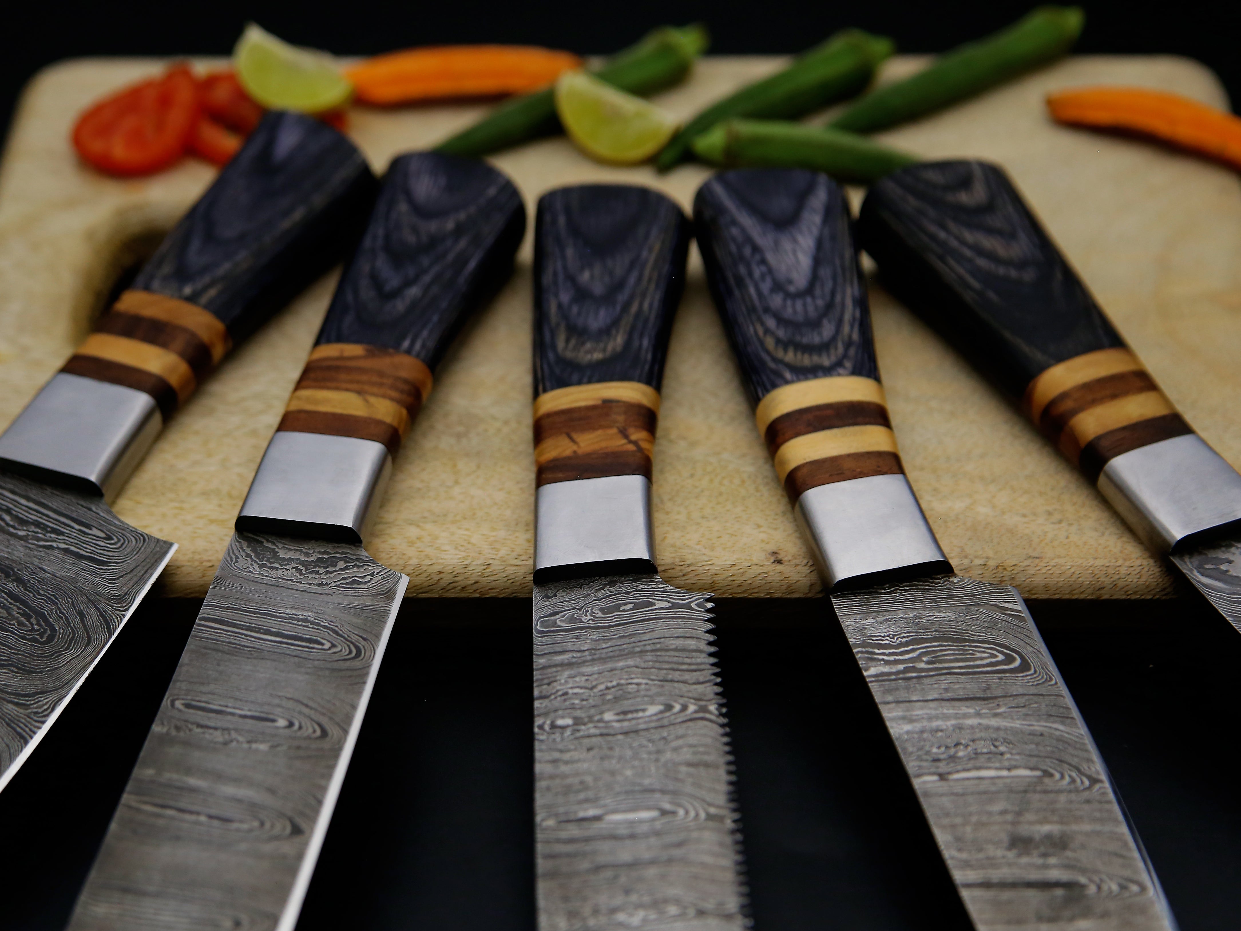 5 PCS Damascus Kitchen Chef knife set Grey Dollar Sheet With Spacers & Leather Roll Kit