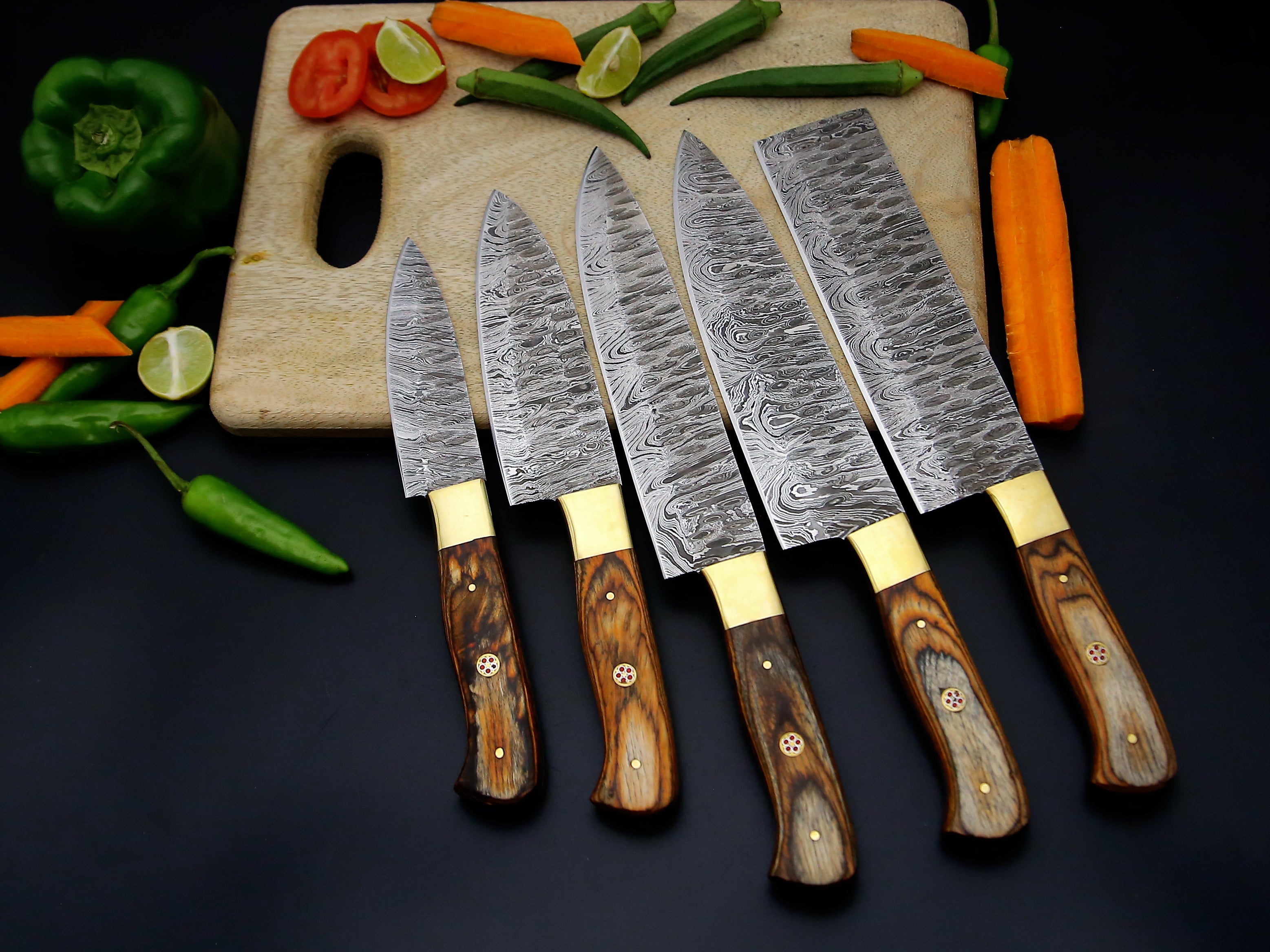 Damascus steel Chef knife set of 5 PCS Brown Dollar sheet Handle Kitchen Knife with Leather Roll kit.