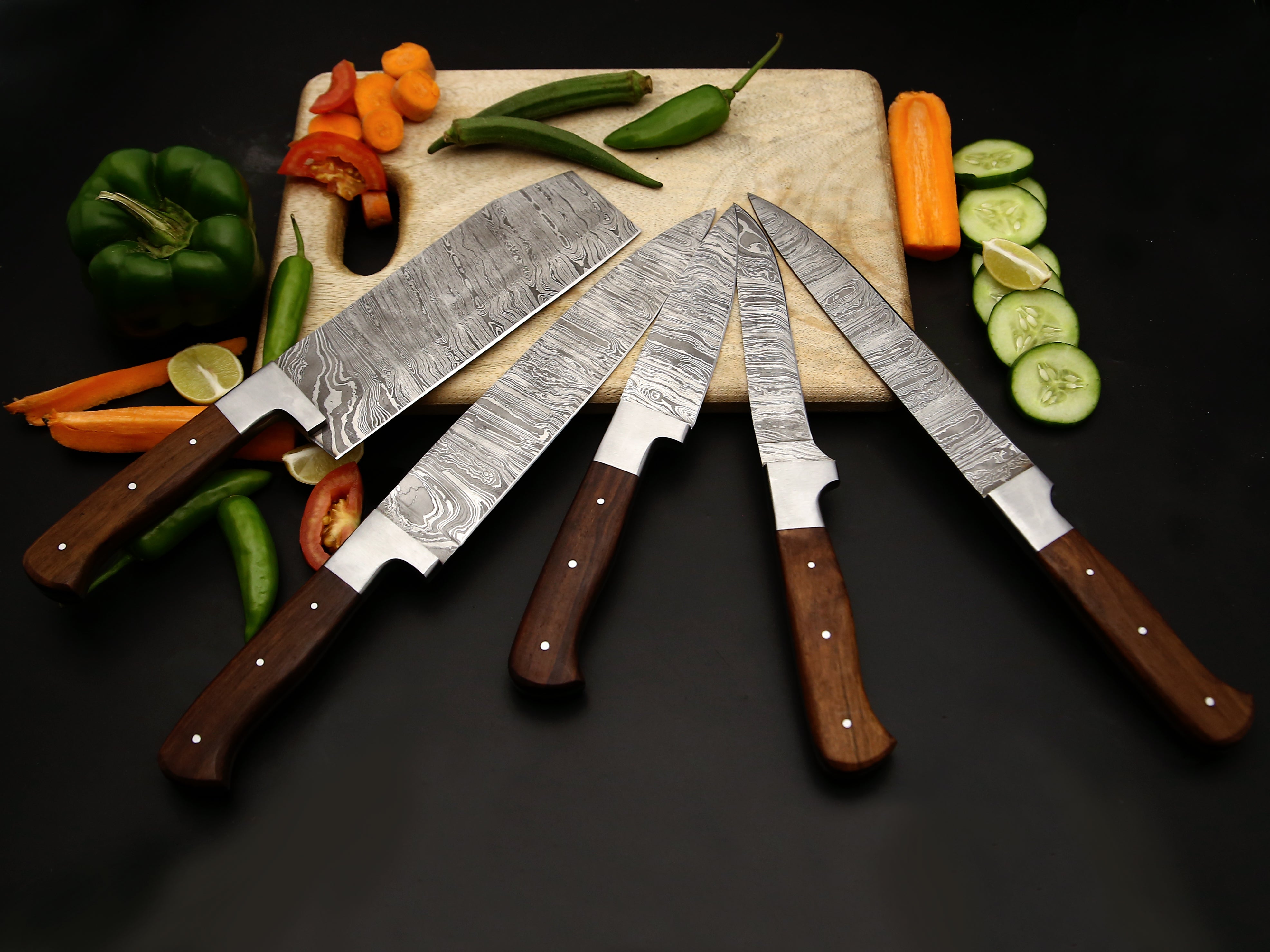 Chef Knife Set of 5 PCS with Rosewood Handle Stainless steel Bolster Damascus Kitchen Knife Razor sharp cutting Edge come with Leather Roll kit.
