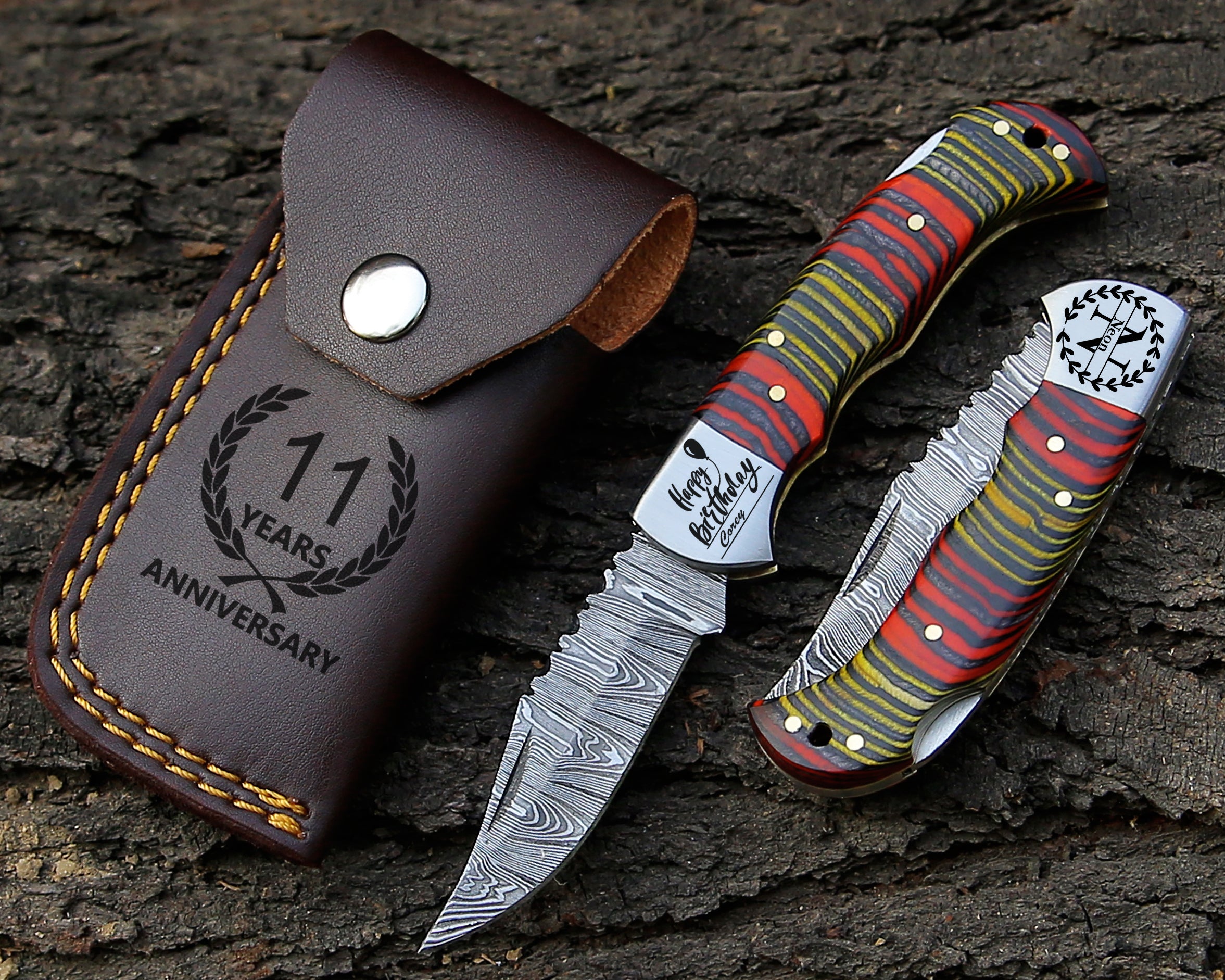 Compact Damascus Pocket Knife – Sharp, Durable & Stylish Everyday Carry Folding Knife with Multicolor Handle & Pouch.