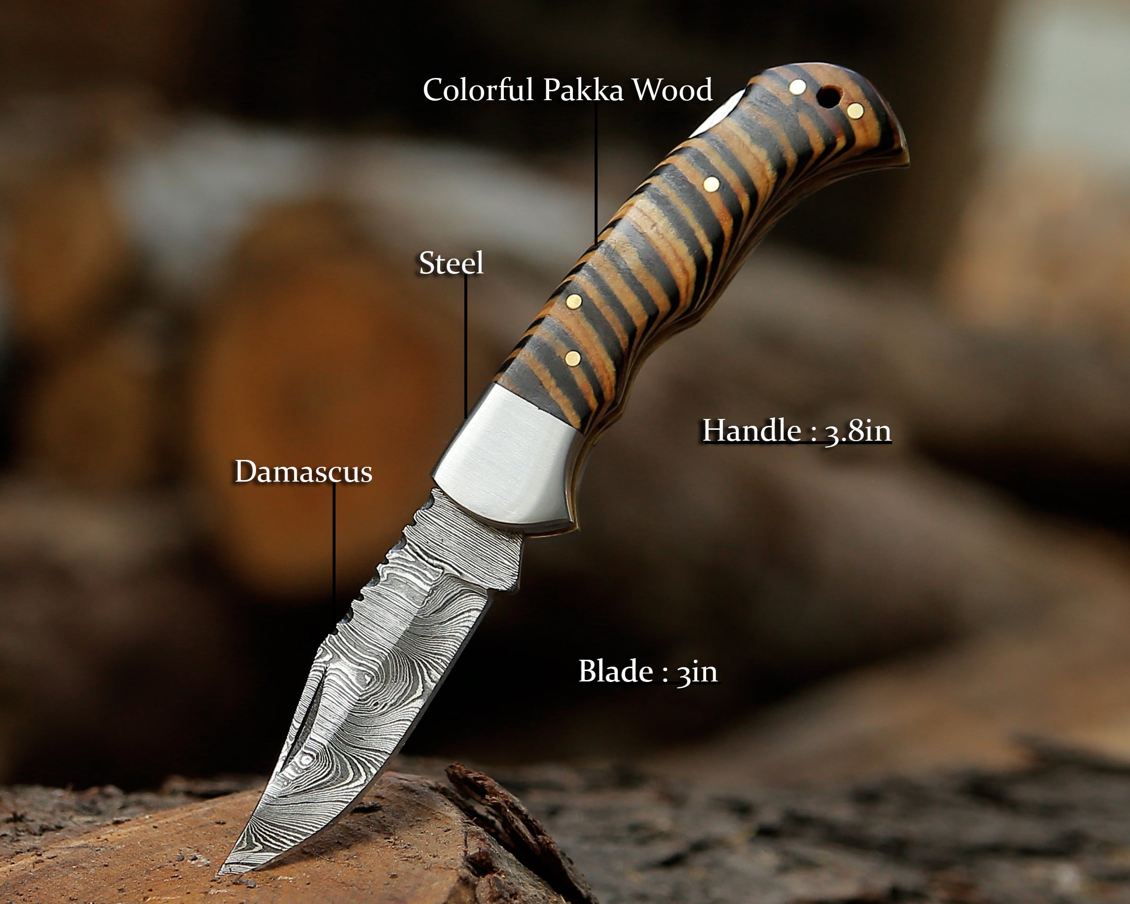 Custom Damascus Pocket Knife – Engraved Folding Blade & Natural Multicolor Handle Camping Knife with Pouch.