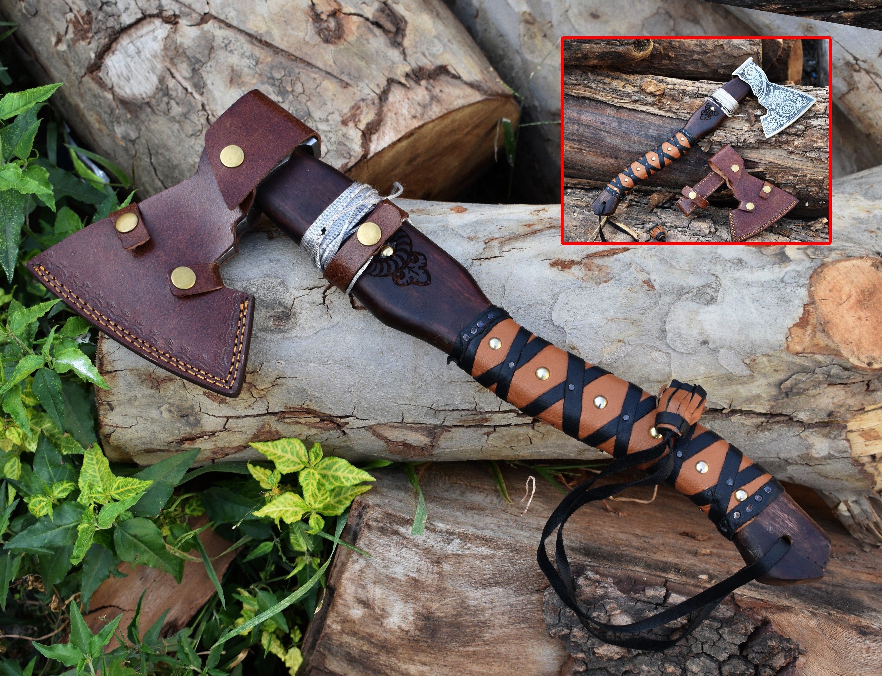 Engraved Viking Axe | Hand-Forged Damascus Hatchet with Leather Sheath | Norse Gift for Him.