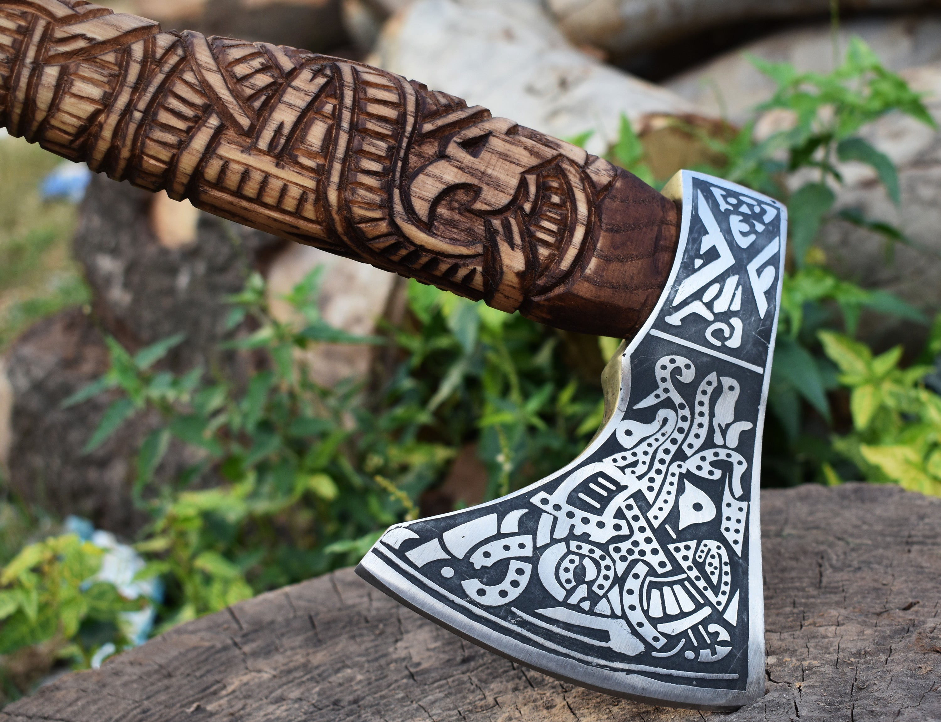 Engraved Viking Axe | Hand-Forged Norse Hatchet | Custom Nordic Weapon for Gift or Display Ash wood Handle with Leather Pouch.