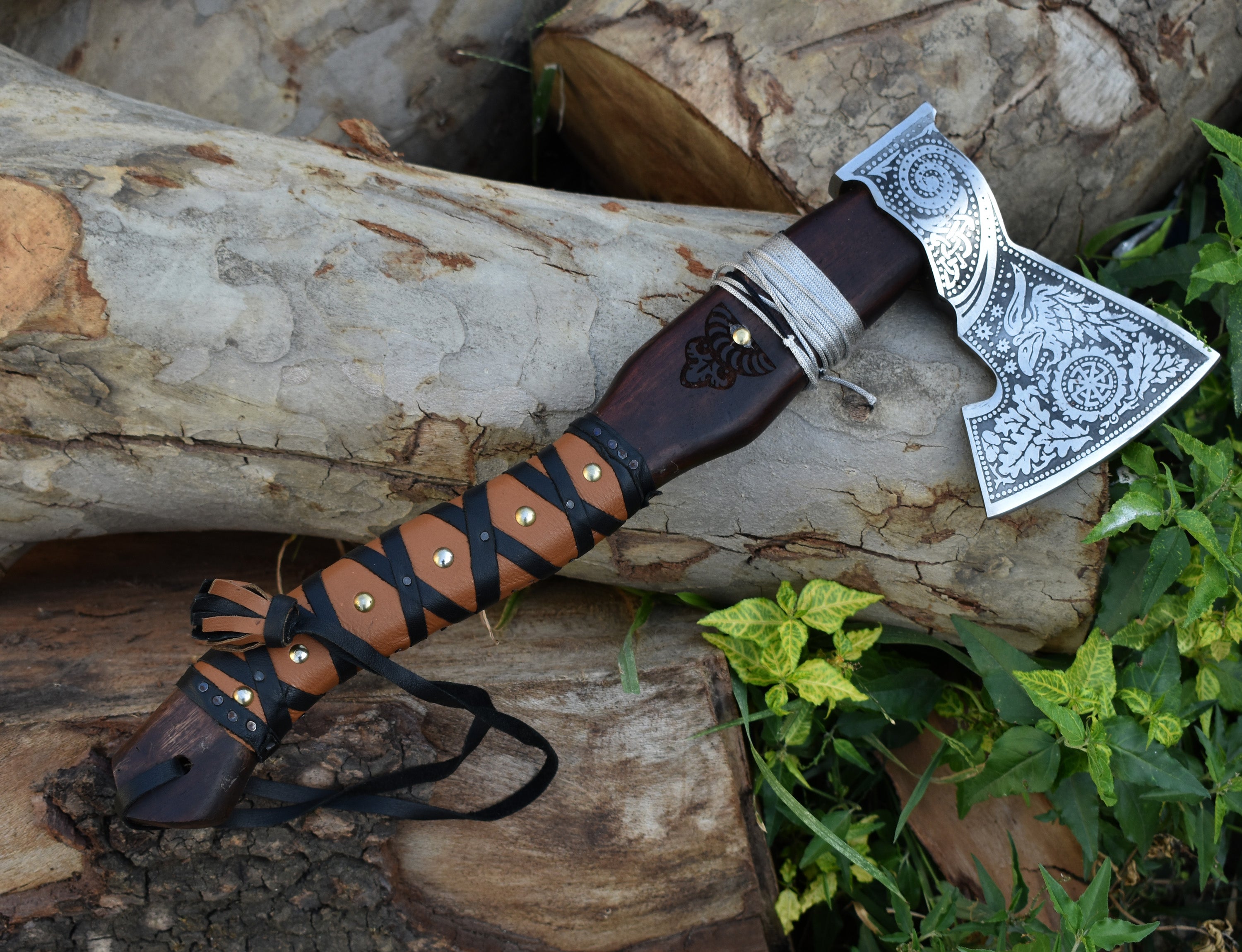 Engraved Viking Axe | Hand-Forged Damascus Hatchet with Leather Sheath | Norse Gift for Him.