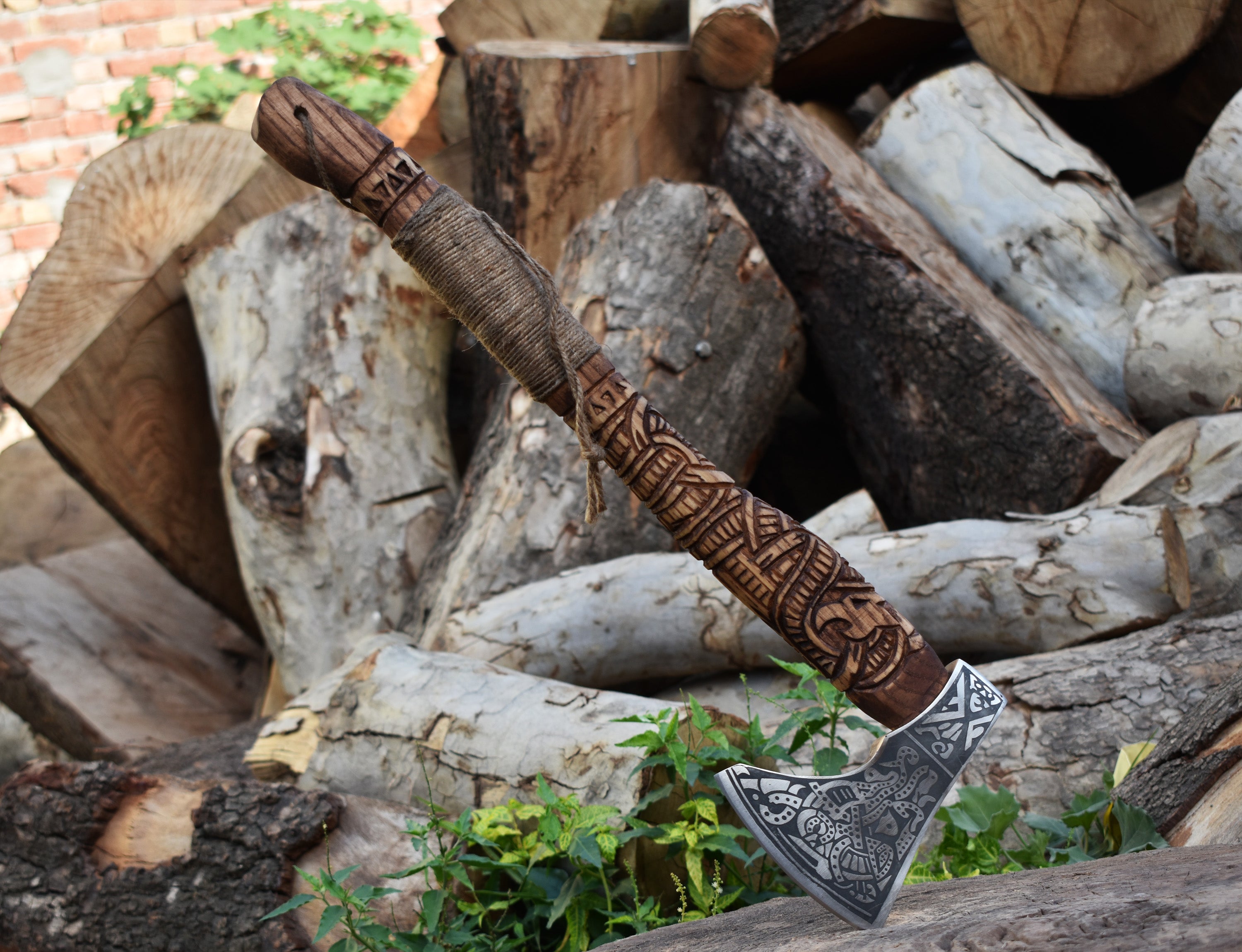 Engraved Viking Axe | Hand-Forged Norse Hatchet | Custom Nordic Weapon for Gift or Display Ash wood Handle with Leather Pouch.