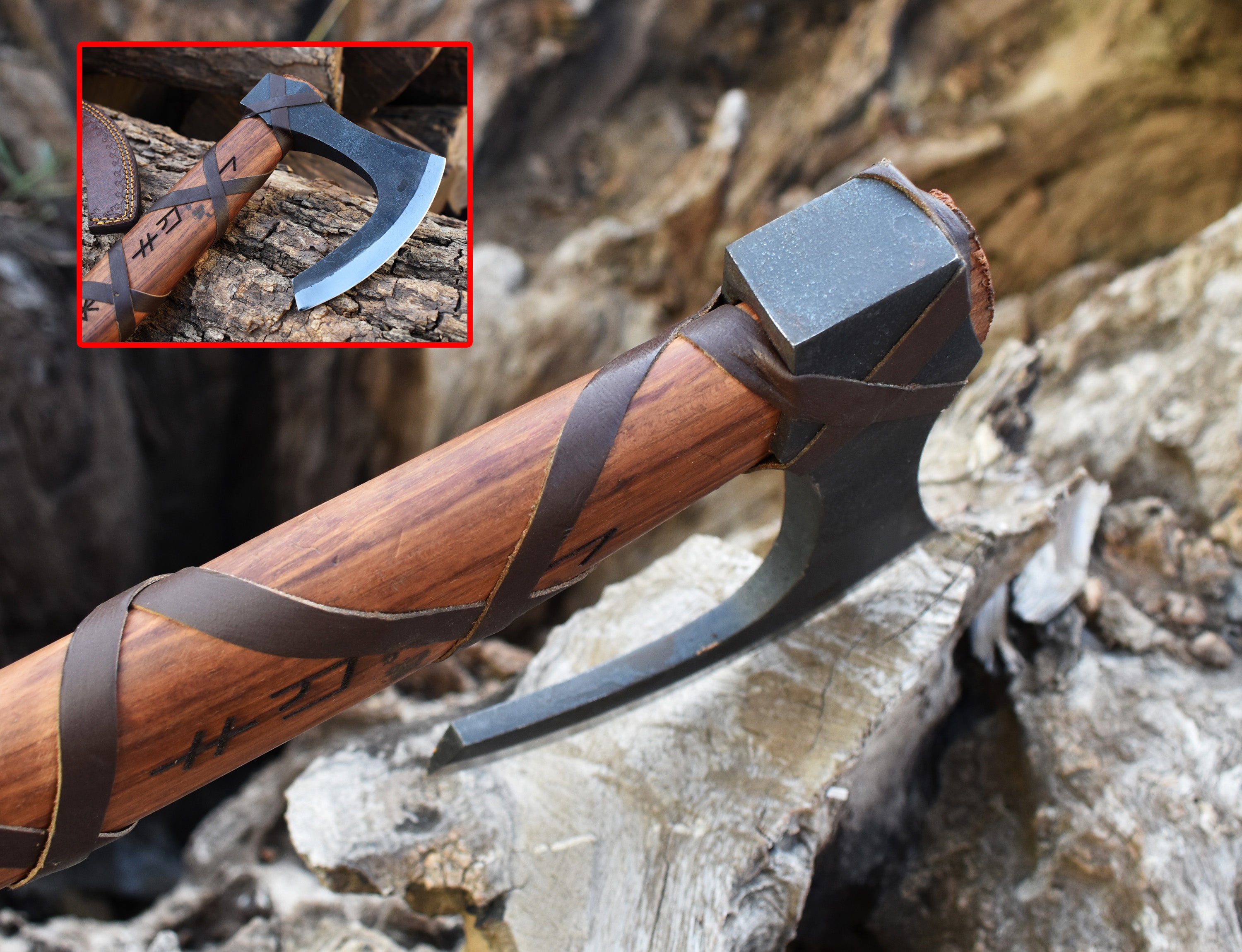 Battle-Ready Viking Axe | Hand-Forged Norse Hatchet with Leather Grip & Rune Carvings.