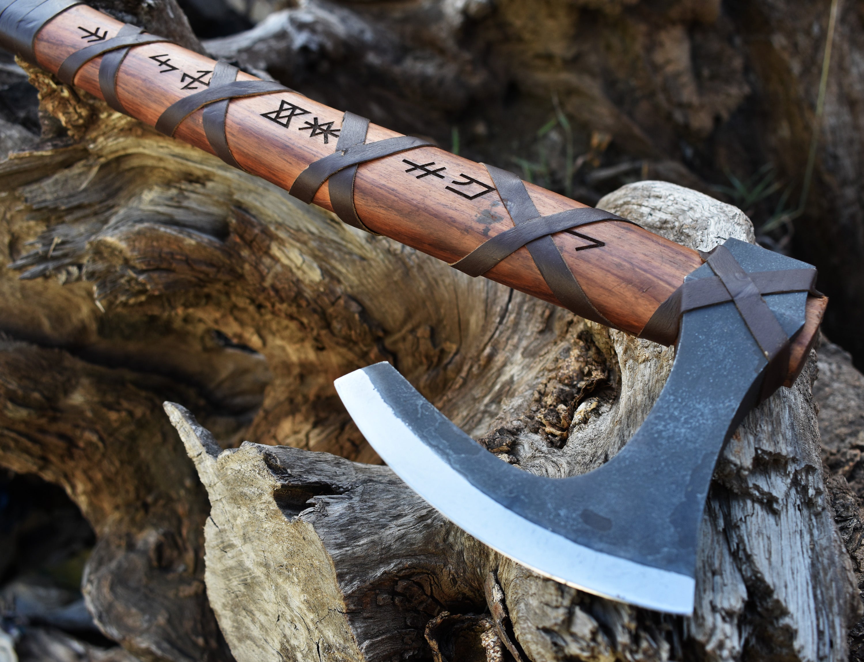 Battle-Ready Viking Axe | Hand-Forged Norse Hatchet with Leather Grip & Rune Carvings.