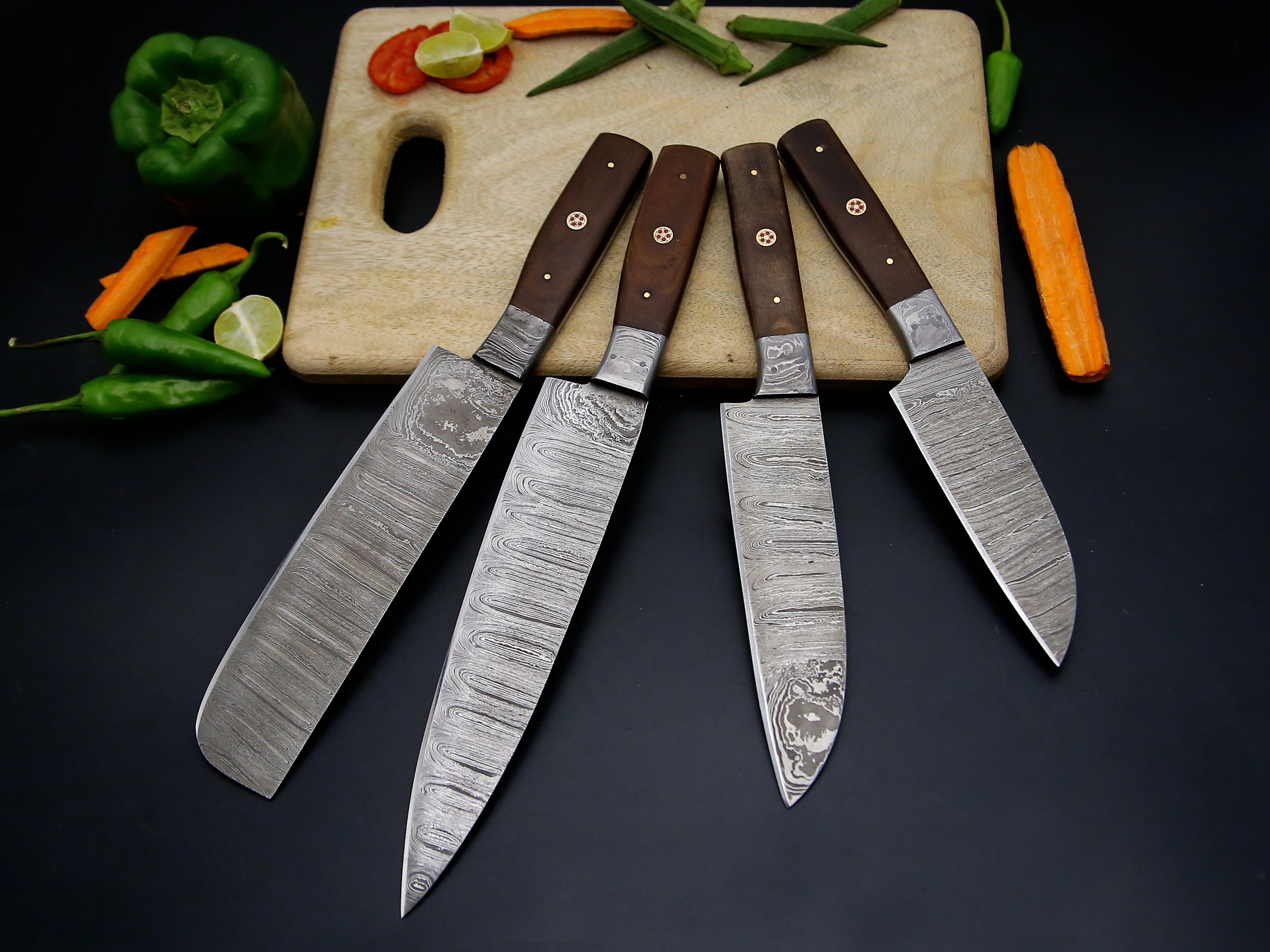 Best Hot selling chef Knife set of 4 PCS Brown Micarta sheet mosaic Pin Handle Damascus steel Kitchen Knife set Sharp cutting edge come with Leather Roll kit.