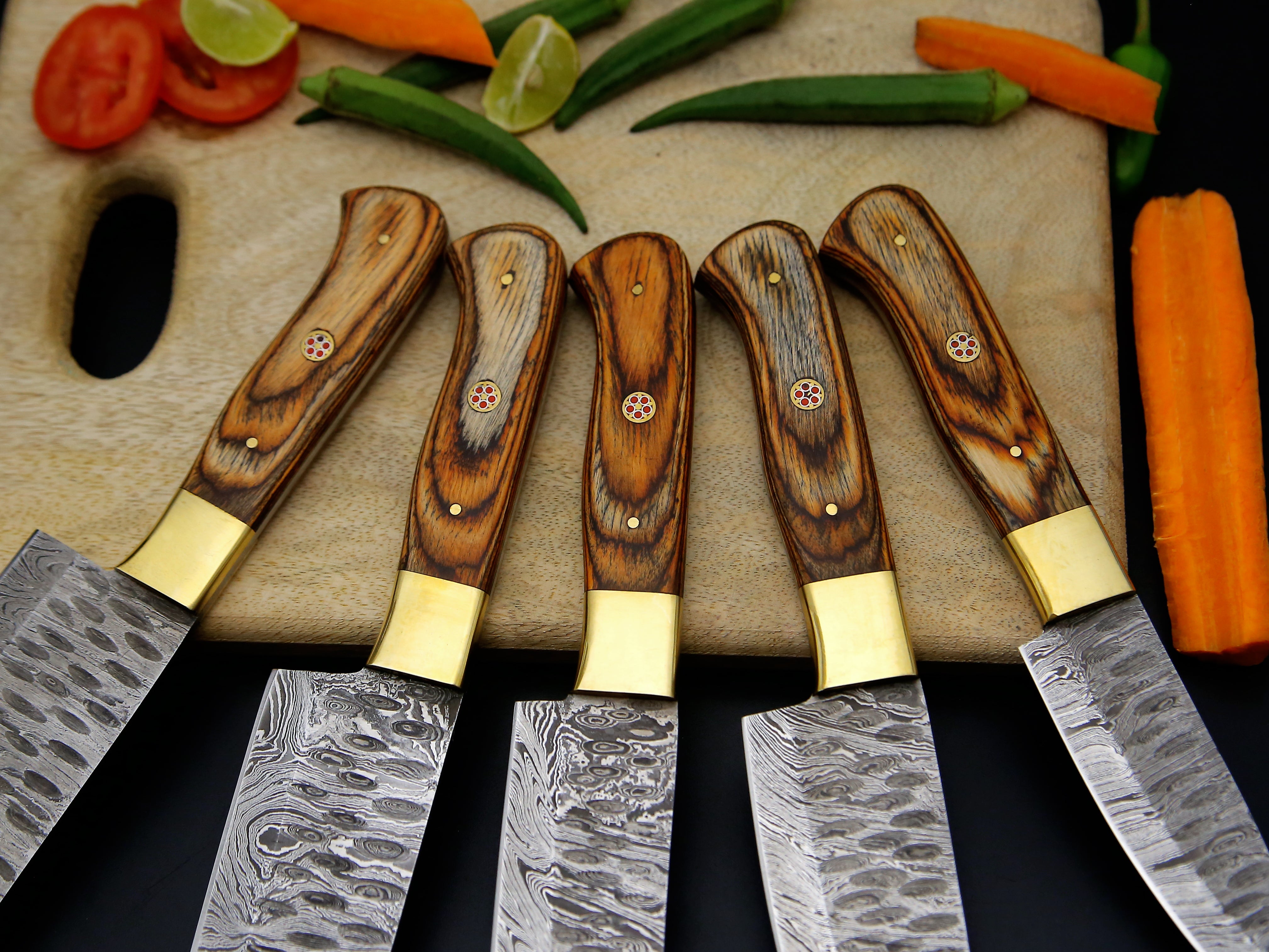 Damascus steel Chef knife set of 5 PCS Brown Dollar sheet Handle Kitchen Knife with Leather Roll kit.