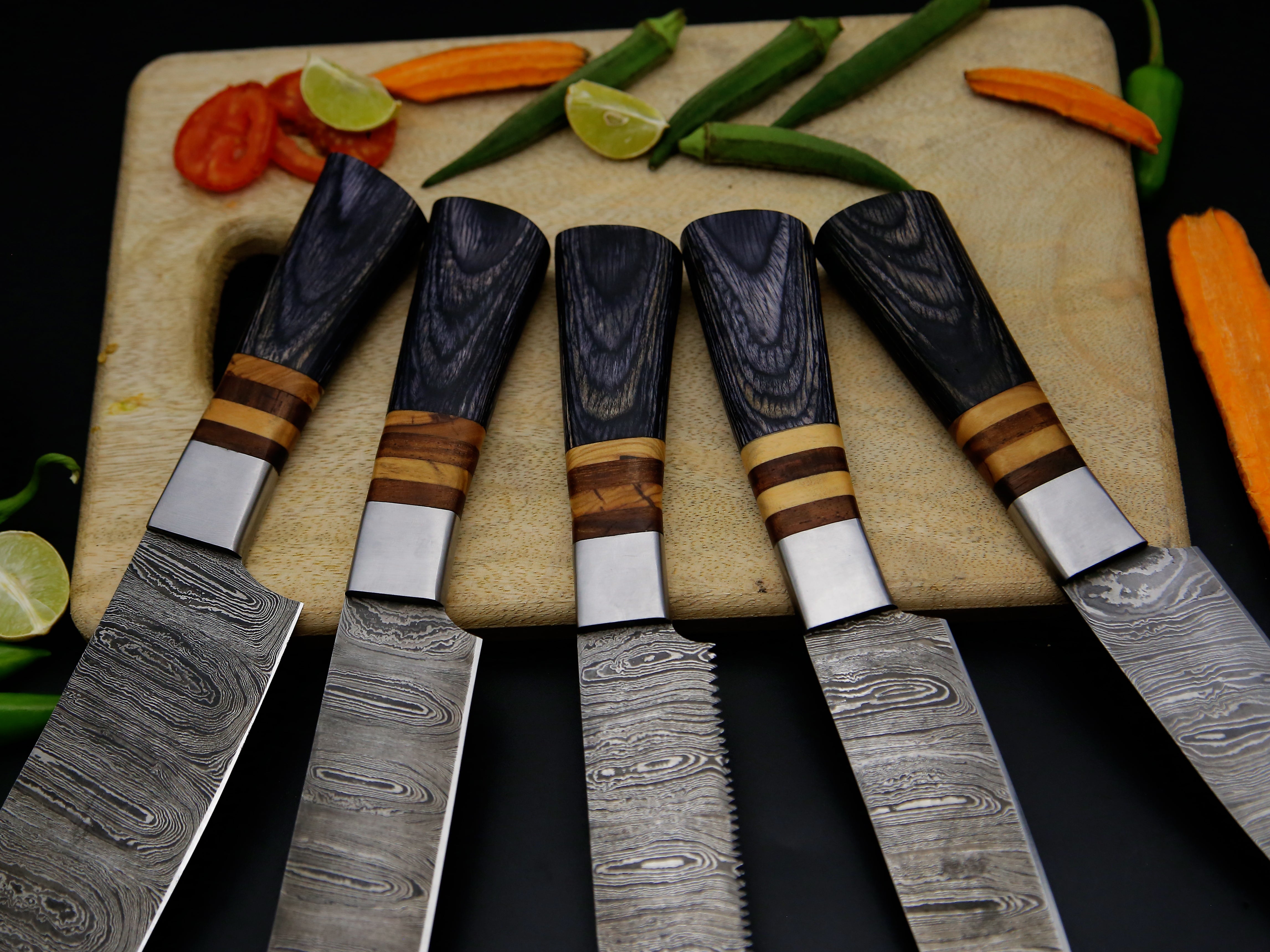 5 PCS Damascus Kitchen Chef knife set Grey Dollar Sheet With Spacers & Leather Roll Kit