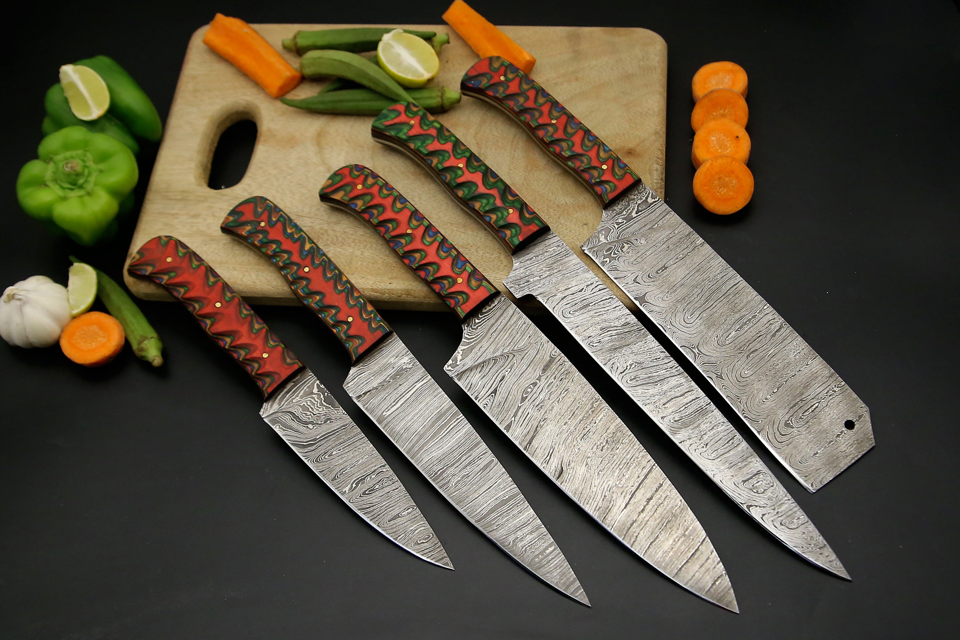 Handmade Damascus Chef set Of 5pcs With Leather,Damascus Knife Set,Damascus Chef Knife,Full popular Kitchen Knife Set,Damascus Chef Set,Newly Design