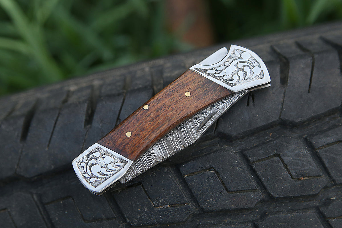 3" Blade Handmade Damascus steel Back Lock Pocket knife, Rosewood Handle Folding knife with Leather pouch, Birthday Gift for Men