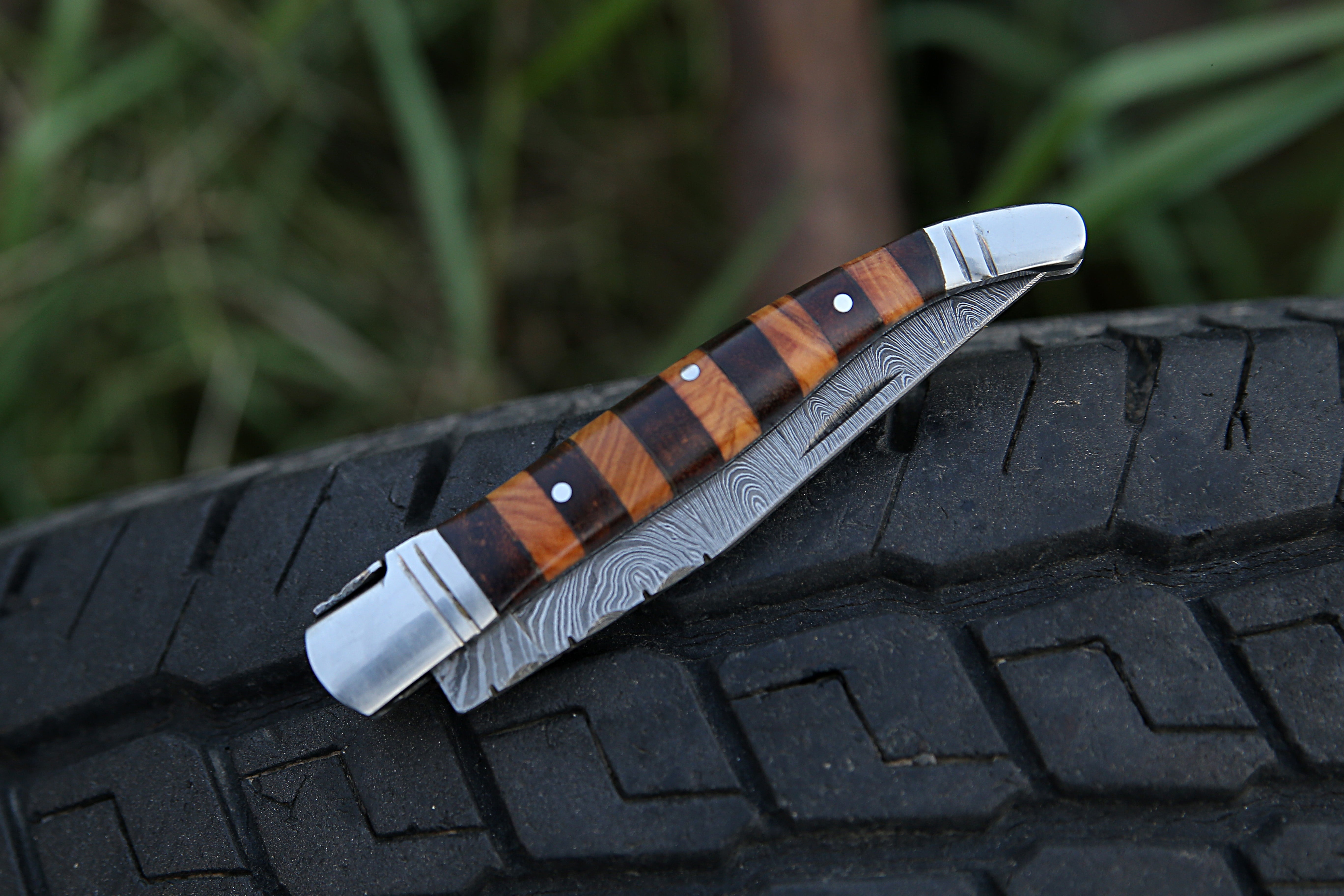 French  Pocket Knife With combination of Rose Olive wood Handle Folding Knife with back Spring Camping Tool Hunting EDC Fishing Knife with Leather Pouch.