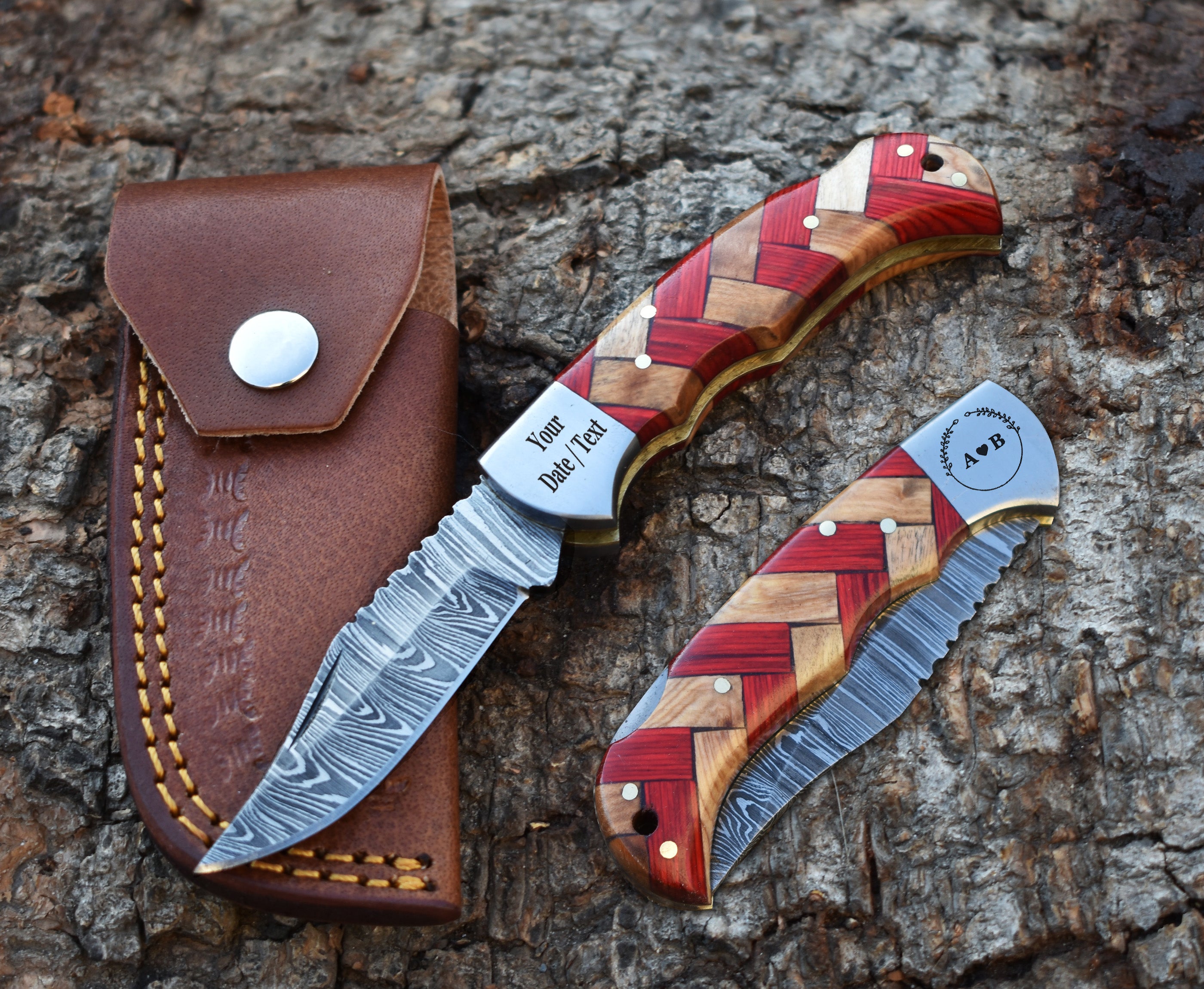 6.5" Handmade Damascus Steel Folding Knife Red Pakka Wood and Olive wood Handle Back Lock Pocket Knife With Leather Pouch Personalized Gift for Men camping knife.