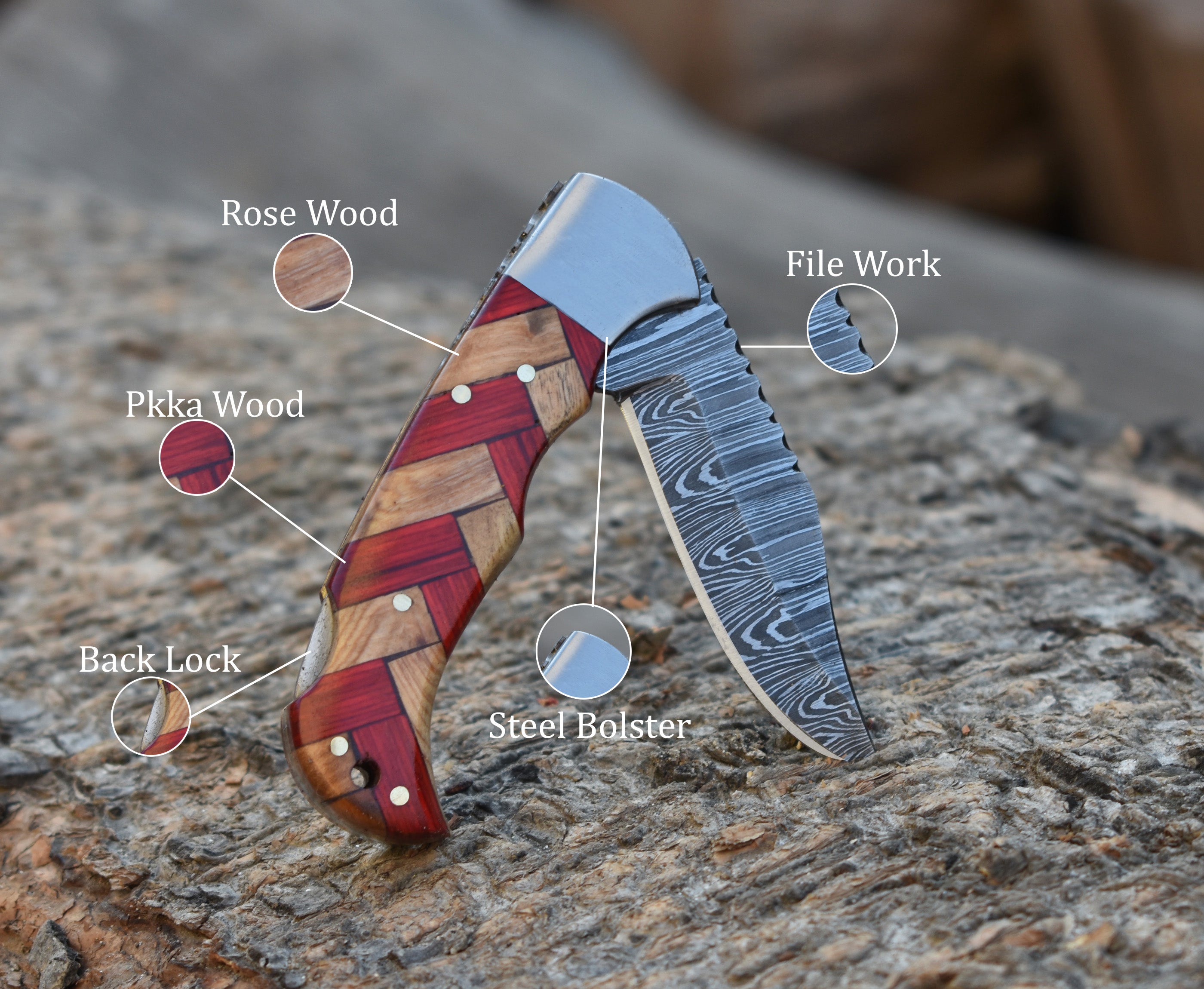 6.5" Handmade Damascus Steel Folding Knife Red Pakka Wood and Olive wood Handle Back Lock Pocket Knife With Leather Pouch Personalized Gift for Men camping knife.