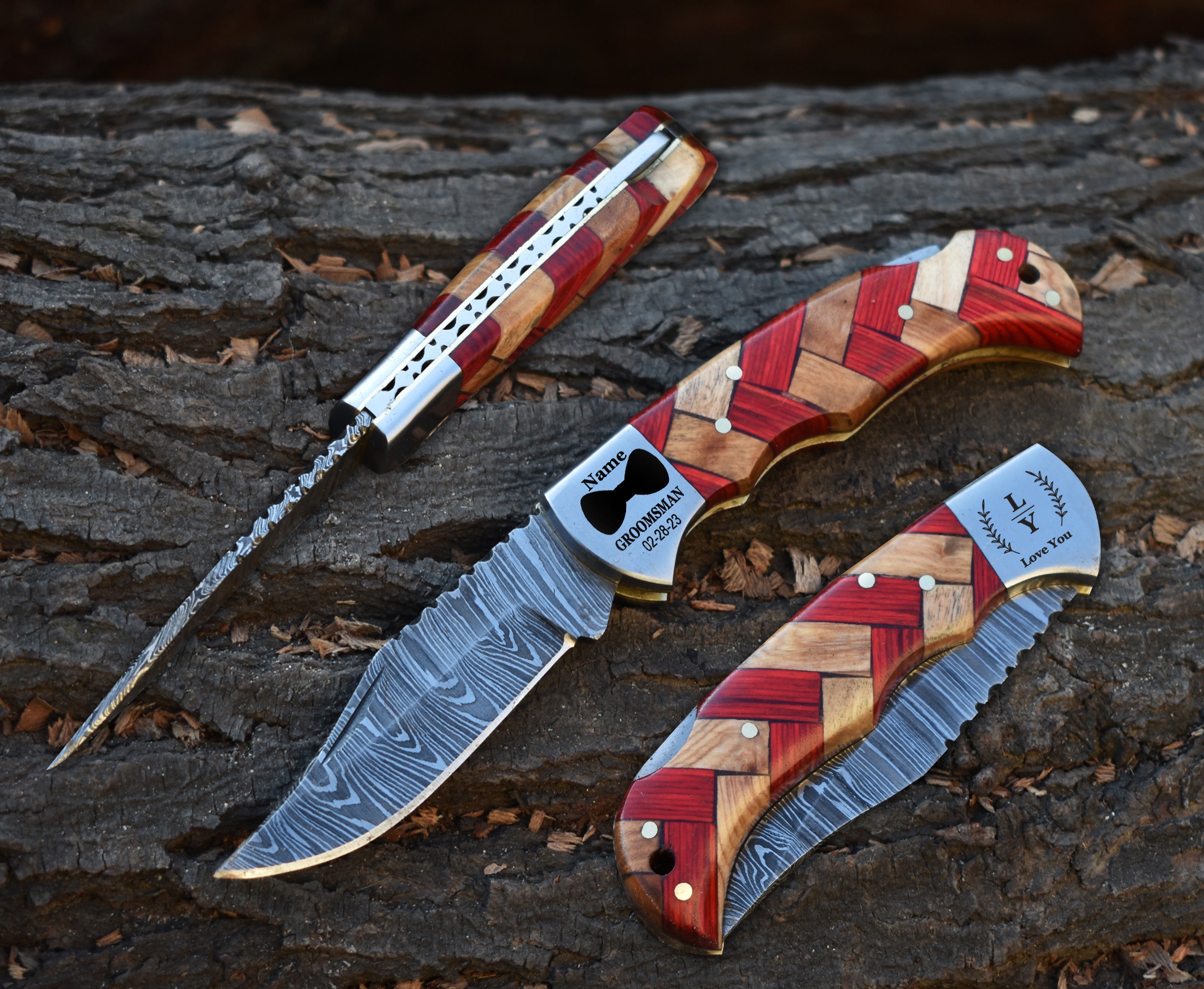 6.5" Handmade Damascus Steel Folding Knife Red Pakka Wood and Olive wood Handle Back Lock Pocket Knife With Leather Pouch Personalized Gift for Men camping knife.