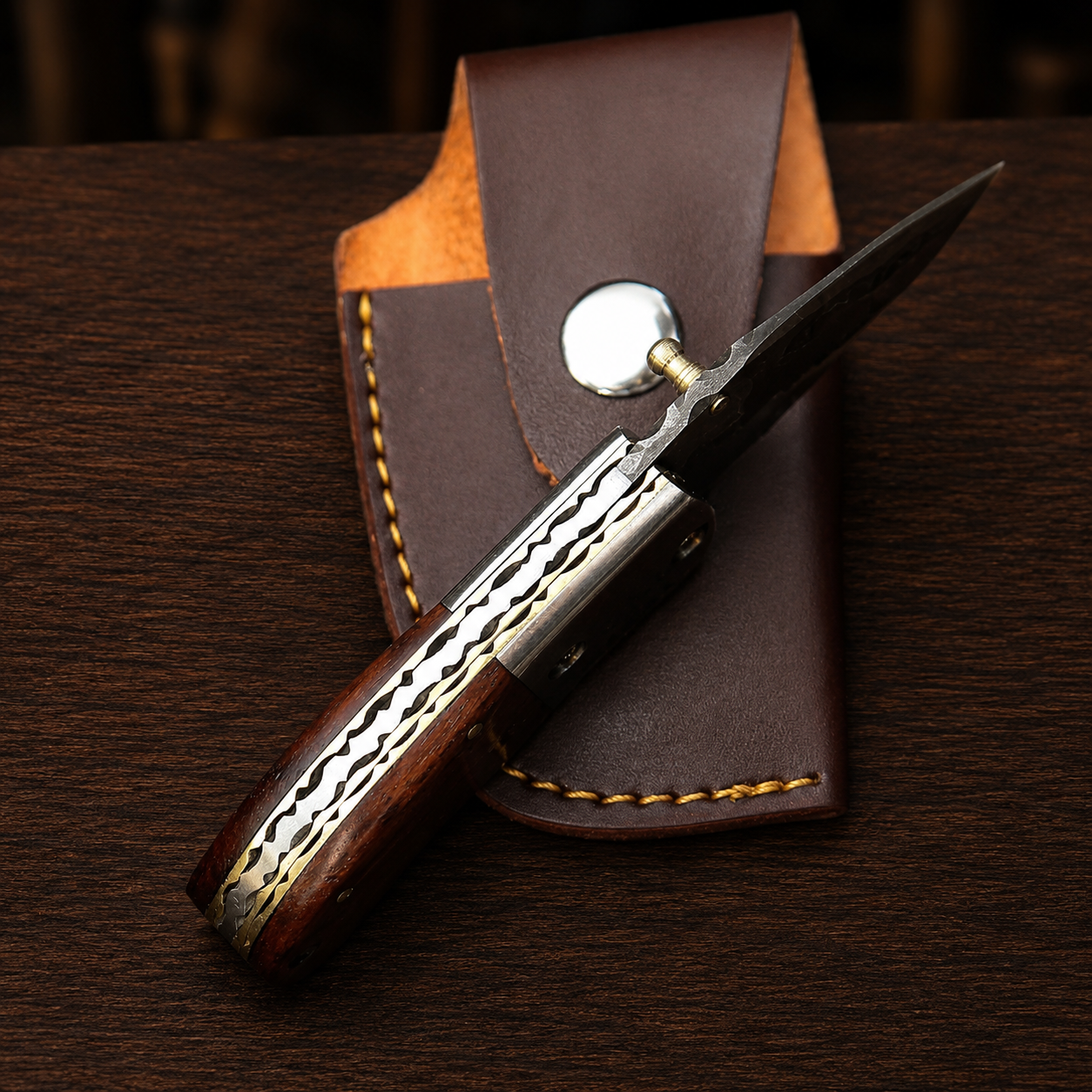 Handmade Damascus Mini Pocket Knife, Rosewood Handle, Small Folding Knife, Groomsman Gift