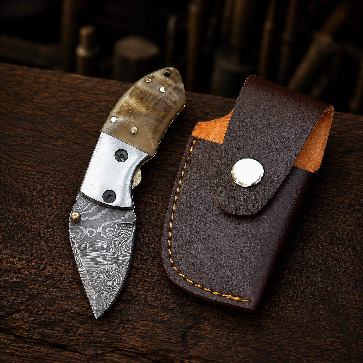 Handmade Damascus Mini Pocket Knife, Ram Horn Handle, Small Folding Knife, Groomsman Gift Birthday Gift